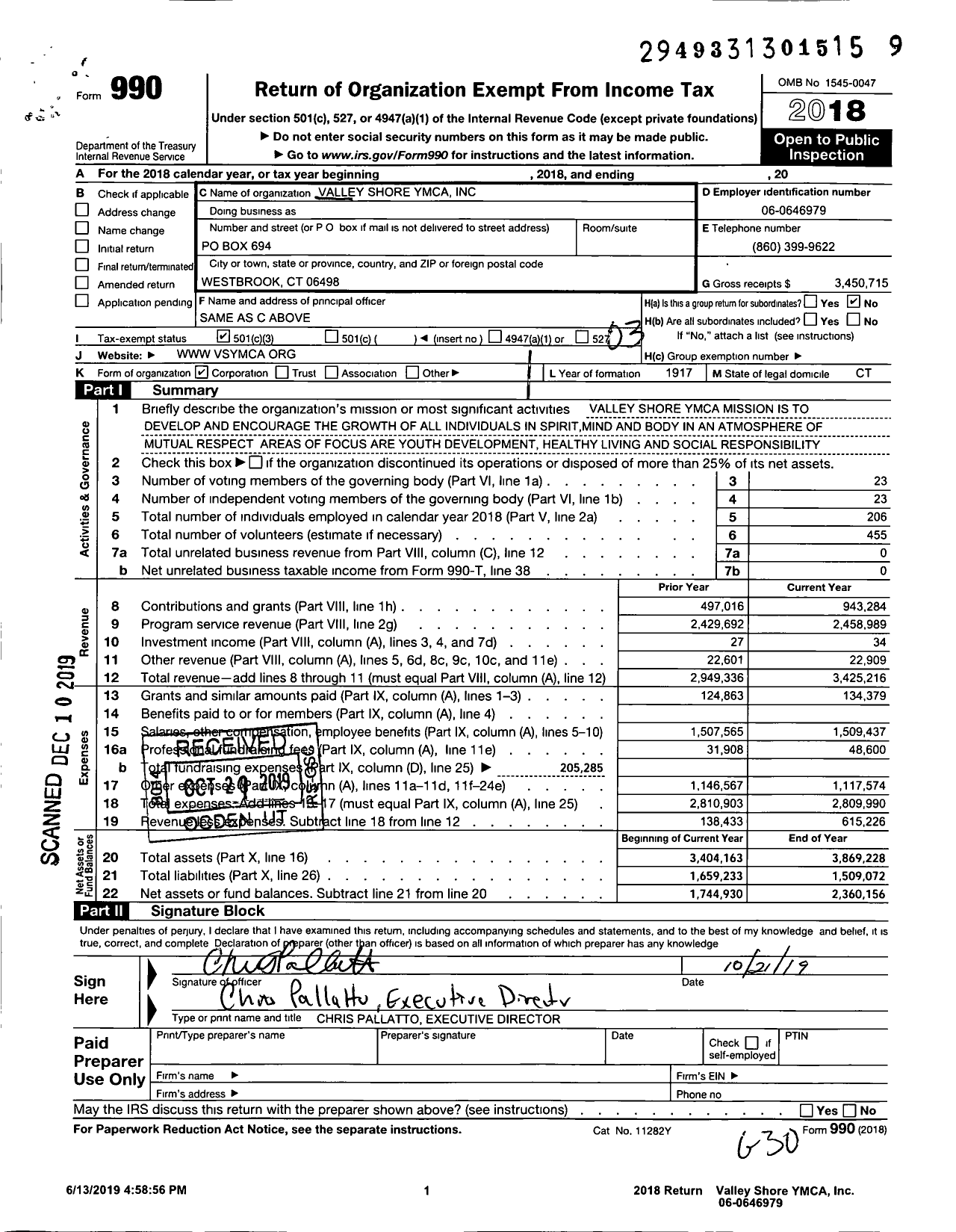 Image of first page of 2018 Form 990 for Valley Shore YMCA