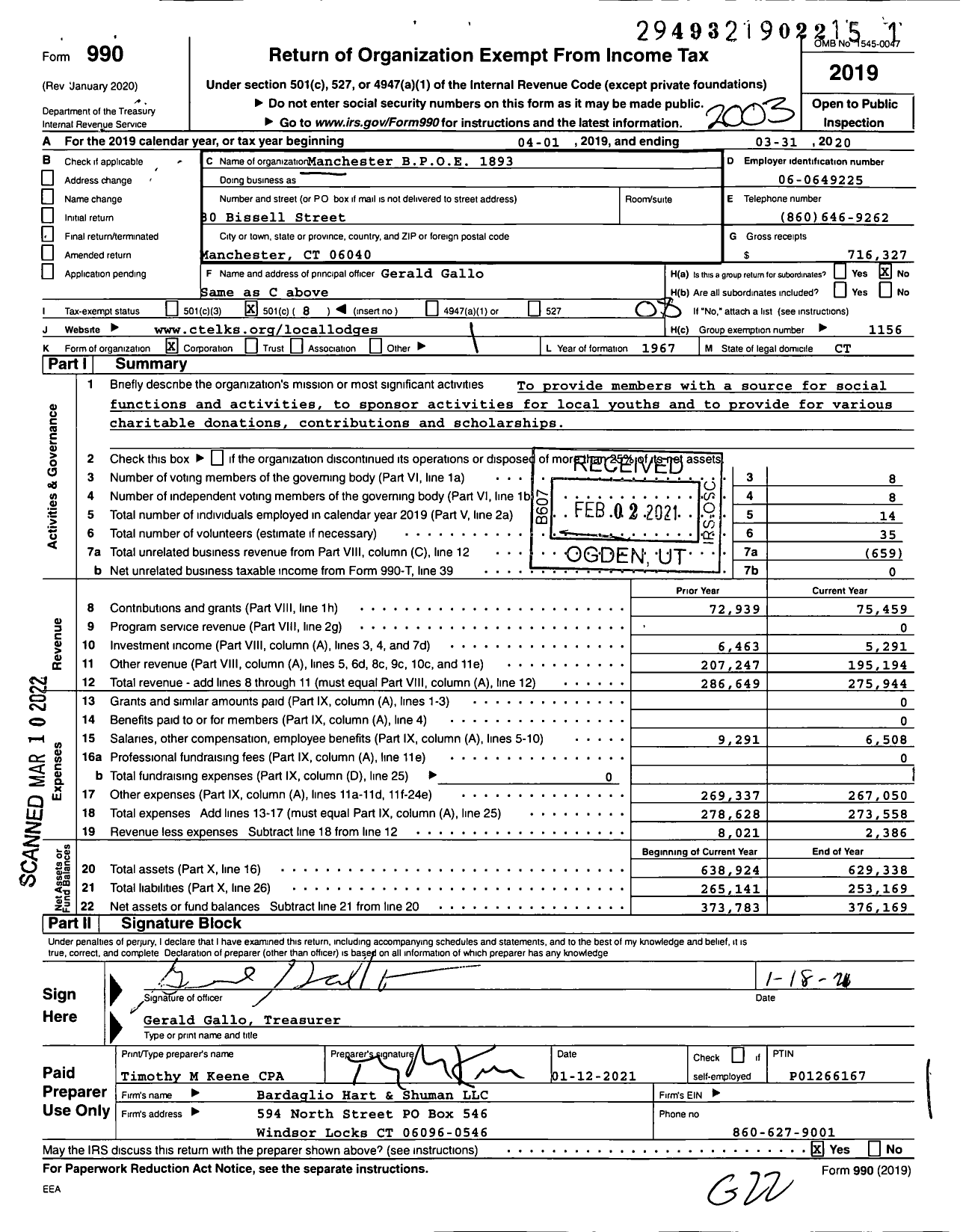 Image of first page of 2019 Form 990O for Benevolent and Protective Order of Elks - 1893 Manchester