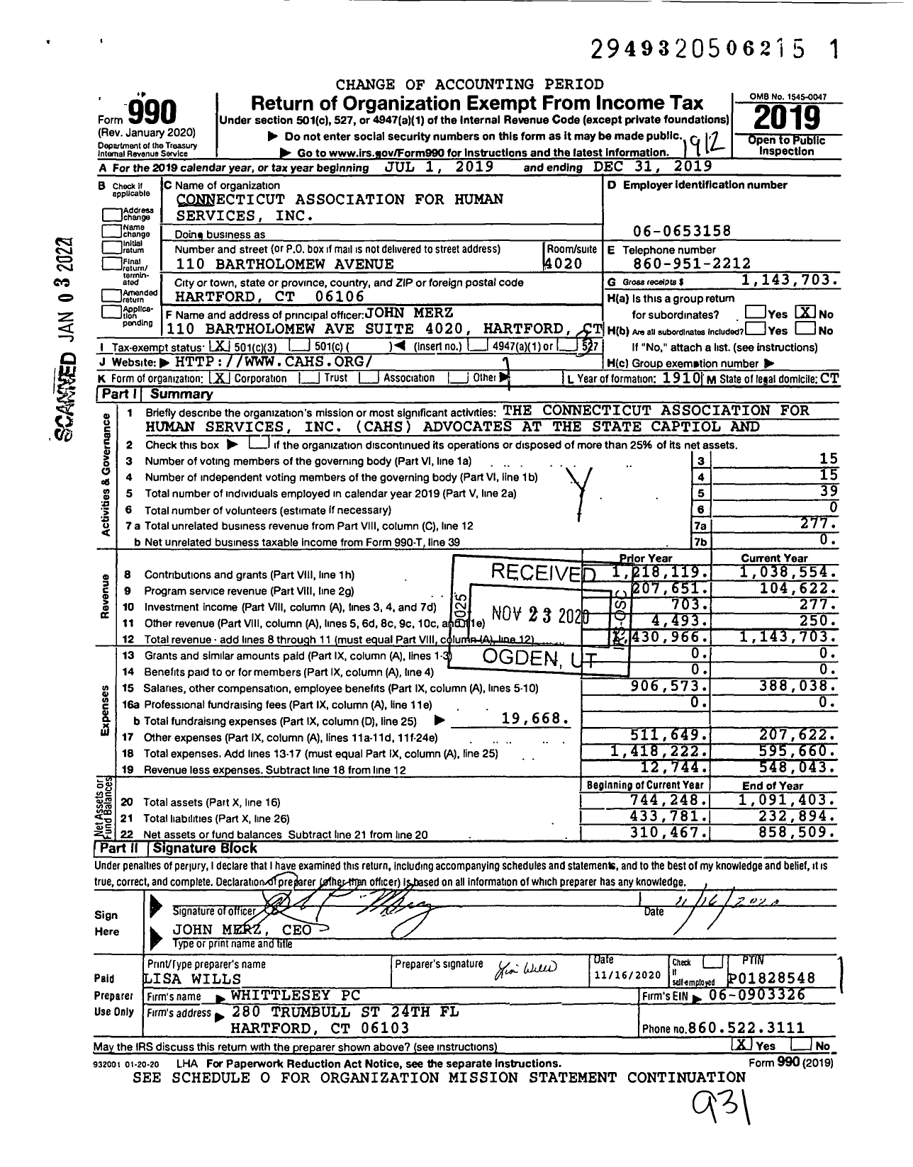 Image of first page of 2019 Form 990 for Connecticut Association for Human Services