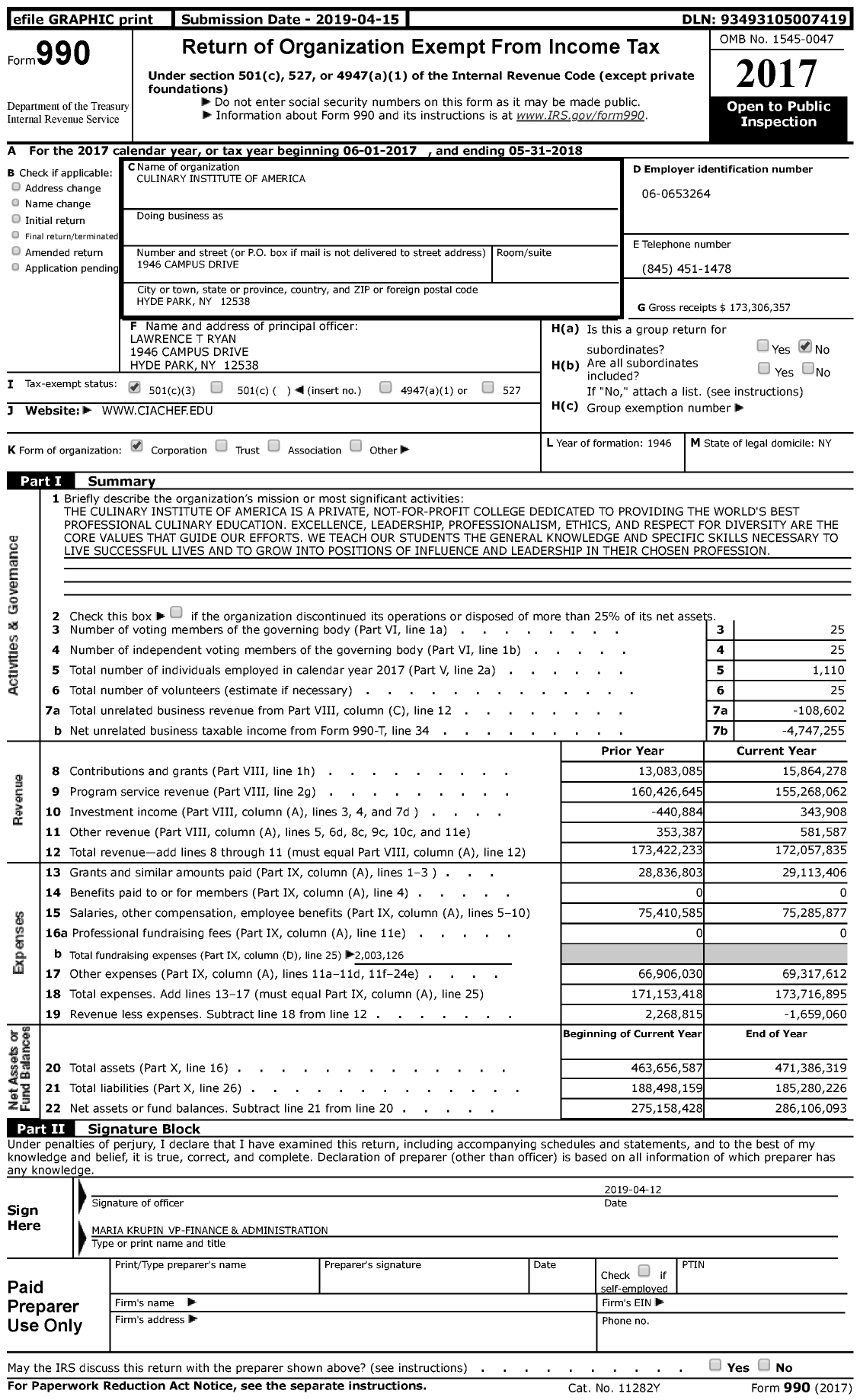 Image of first page of 2017 Form 990 for The Culinary Institute of America (CIA)