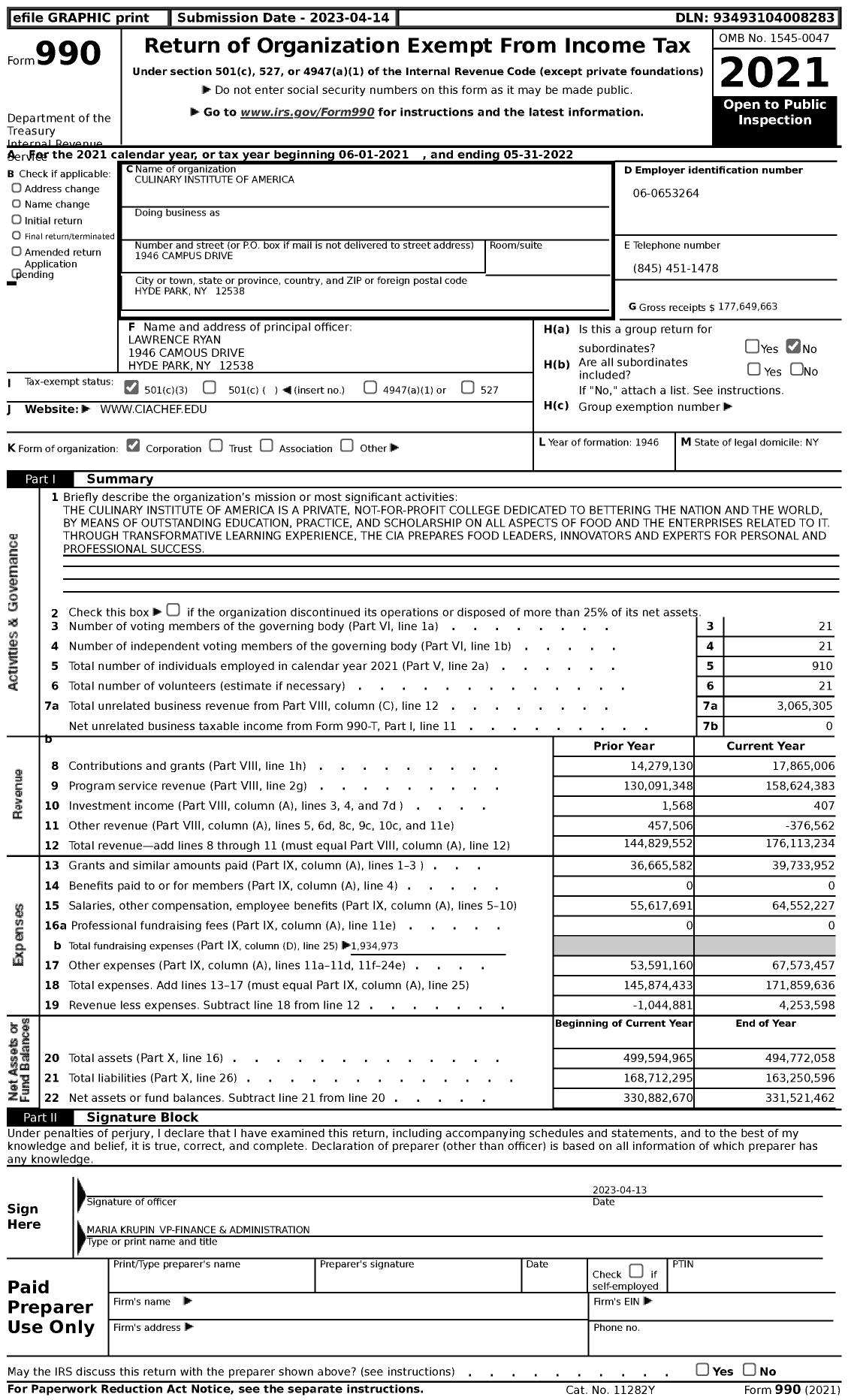 Image of first page of 2021 Form 990 for The Culinary Institute of America (CIA)