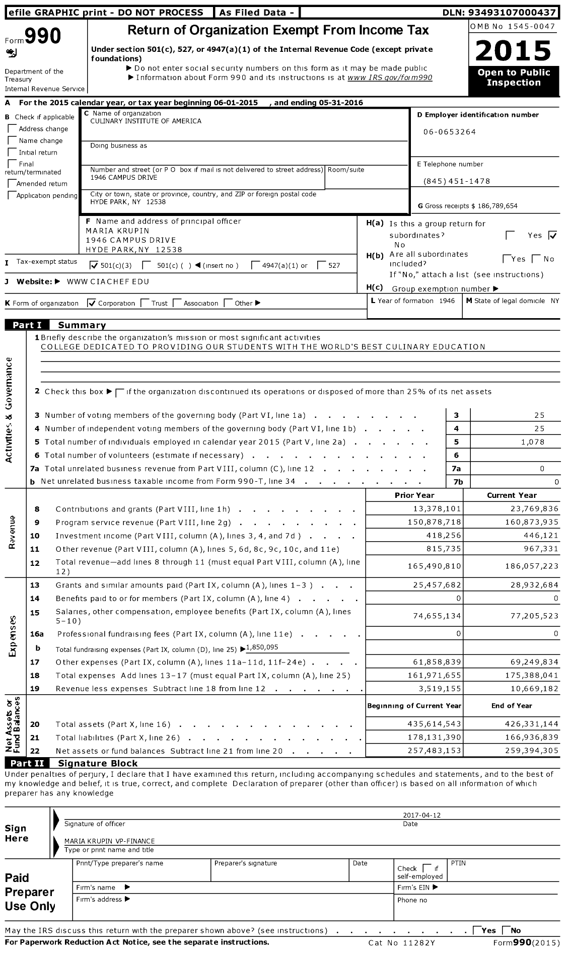 Image of first page of 2015 Form 990 for The Culinary Institute of America (CIA)