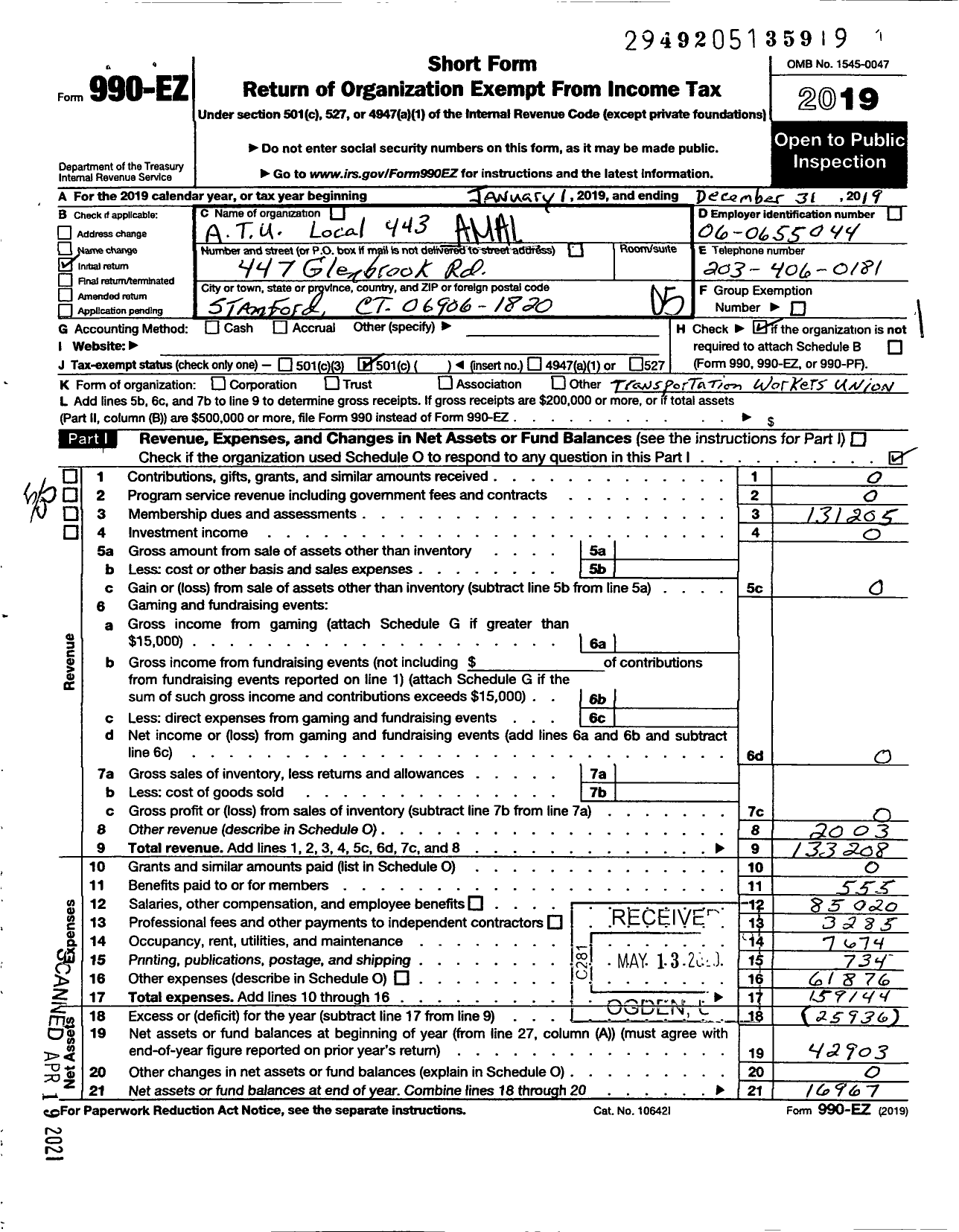 Image of first page of 2019 Form 990EO for Amalgamated Transit Union - 443 Local