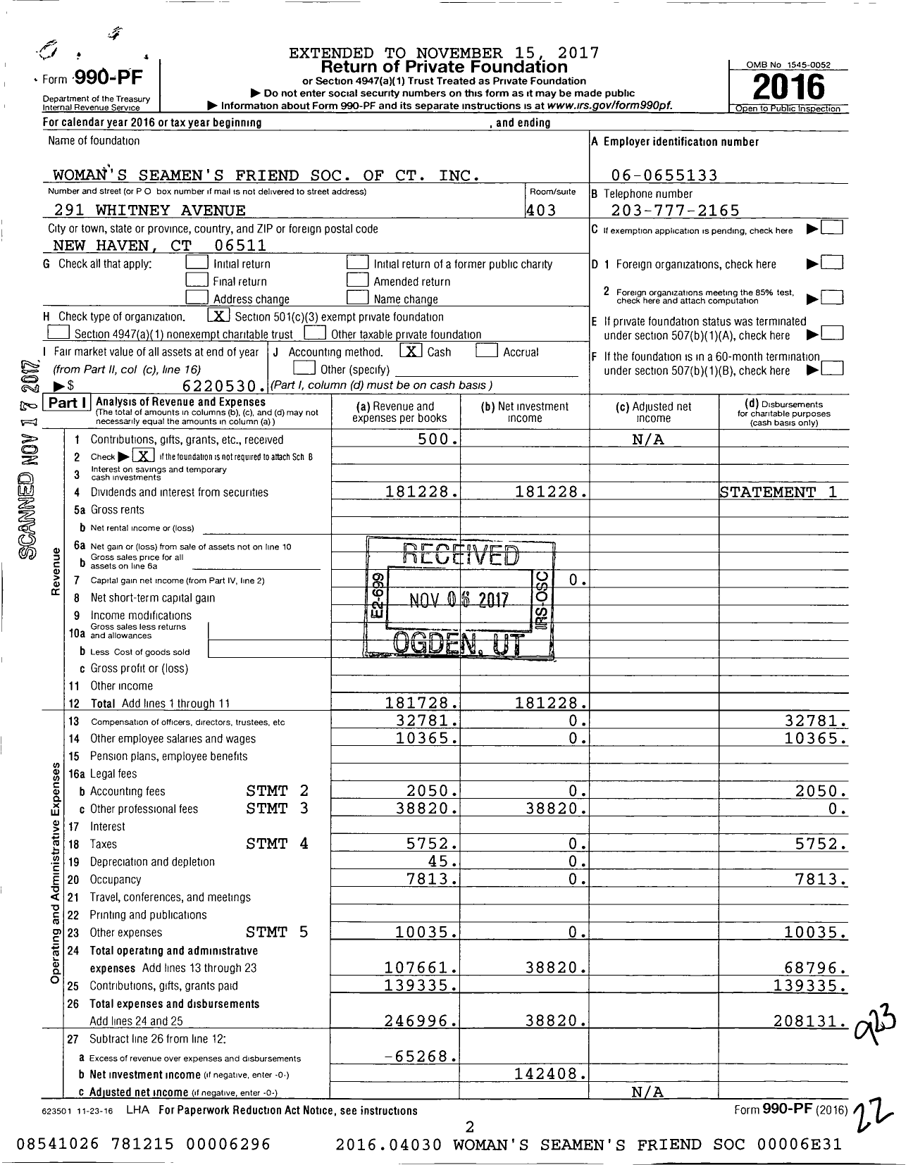 Image of first page of 2016 Form 990PF for Woman's Seamen's Friend Society of CT