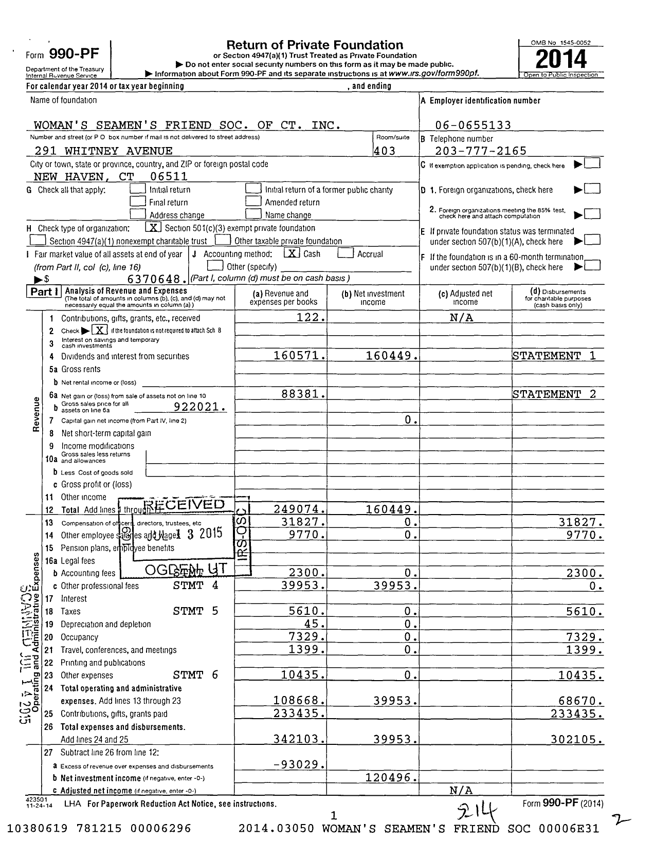 Image of first page of 2014 Form 990PF for Woman's Seamen's Friend Society of CT