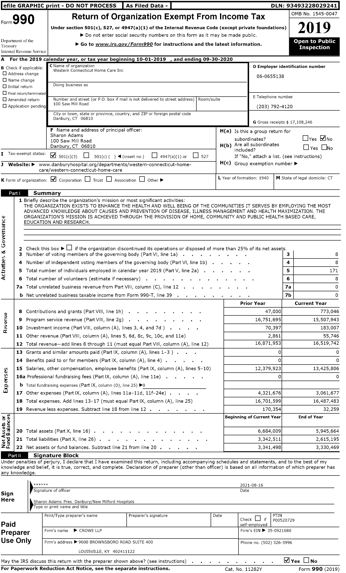 Image of first page of 2019 Form 990 for Western Connecticut Home Care