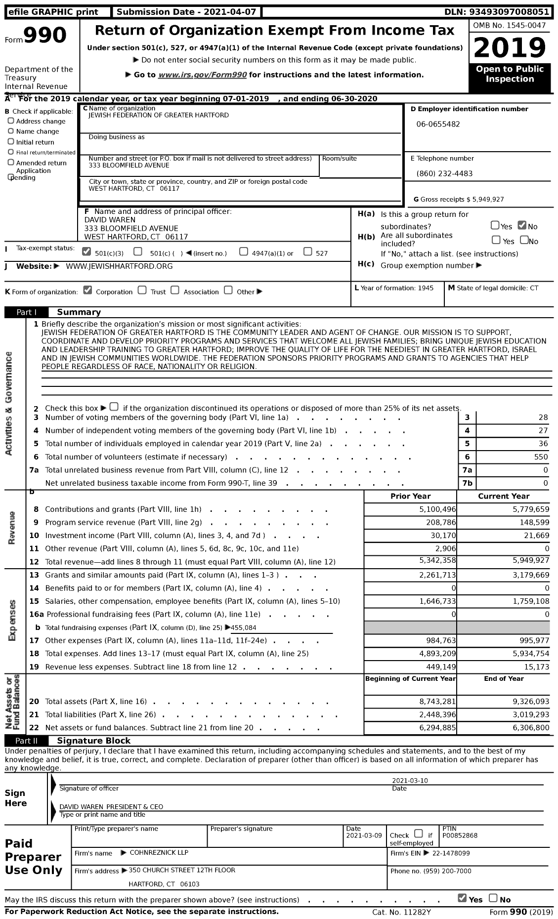 Image of first page of 2019 Form 990 for Jewish Federation of Greater Hartford (JFGH)