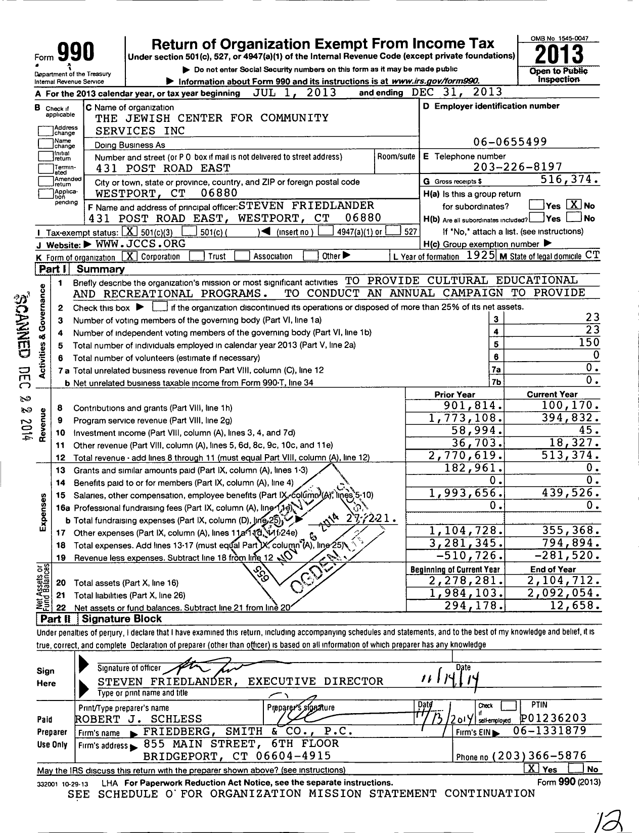 Image of first page of 2013 Form 990 for Jewish Center for Community Services