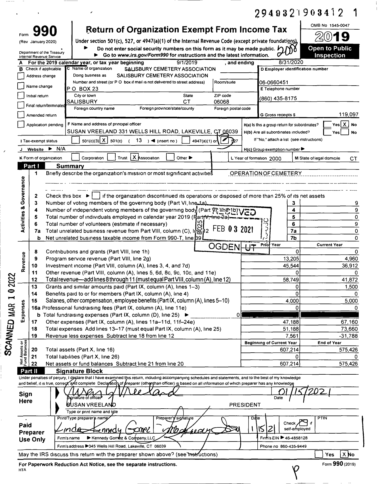 Image of first page of 2019 Form 990O for Salisbury Cemetery Association