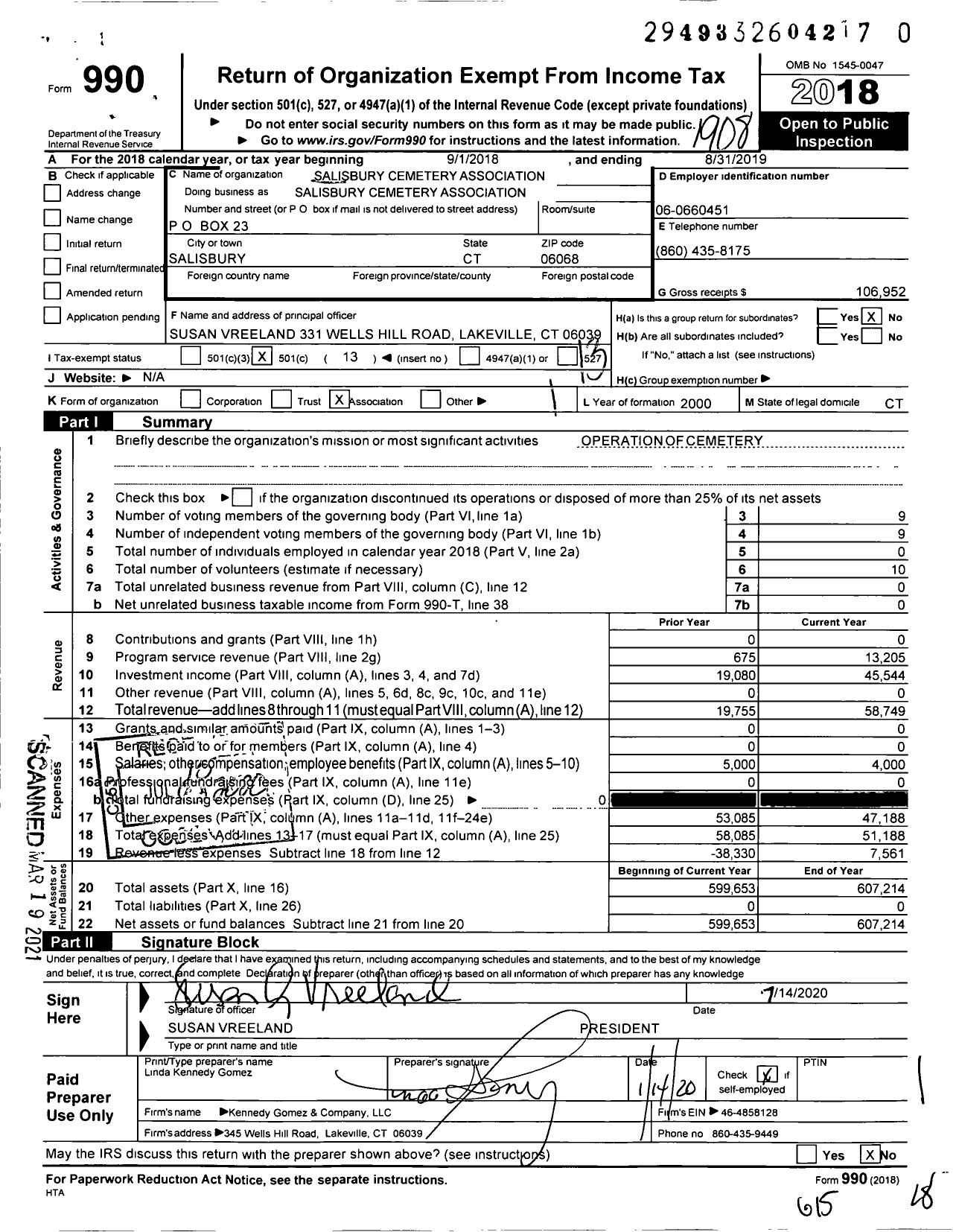 Image of first page of 2018 Form 990O for Salisbury Cemetery Association