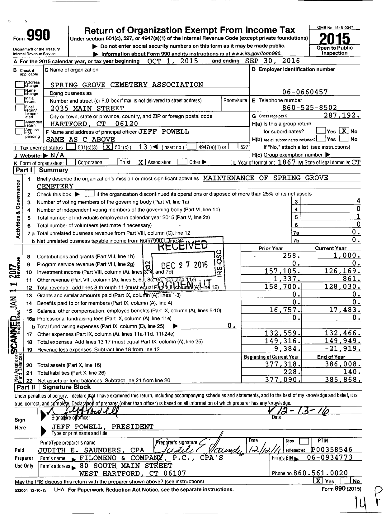 Image of first page of 2015 Form 990O for Spring Grove Cemetery Association