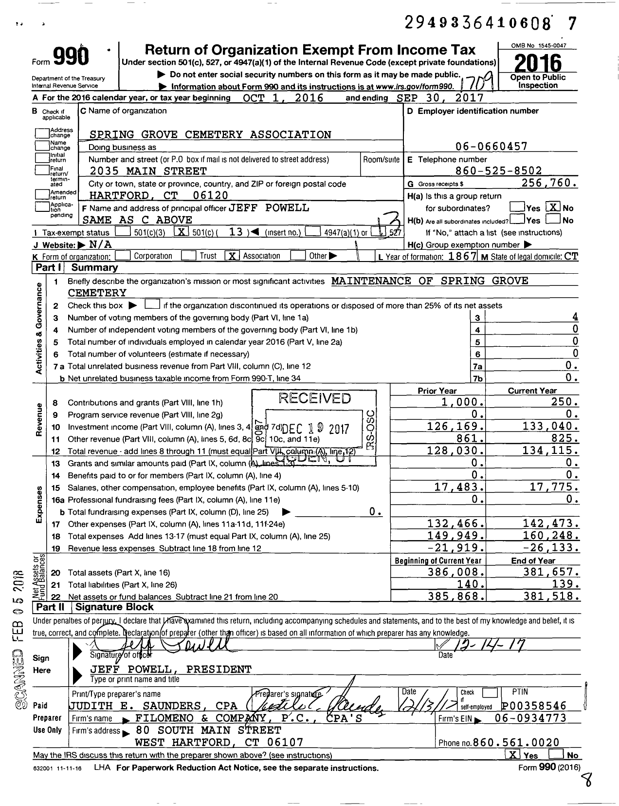 Image of first page of 2016 Form 990O for Spring Grove Cemetery Association