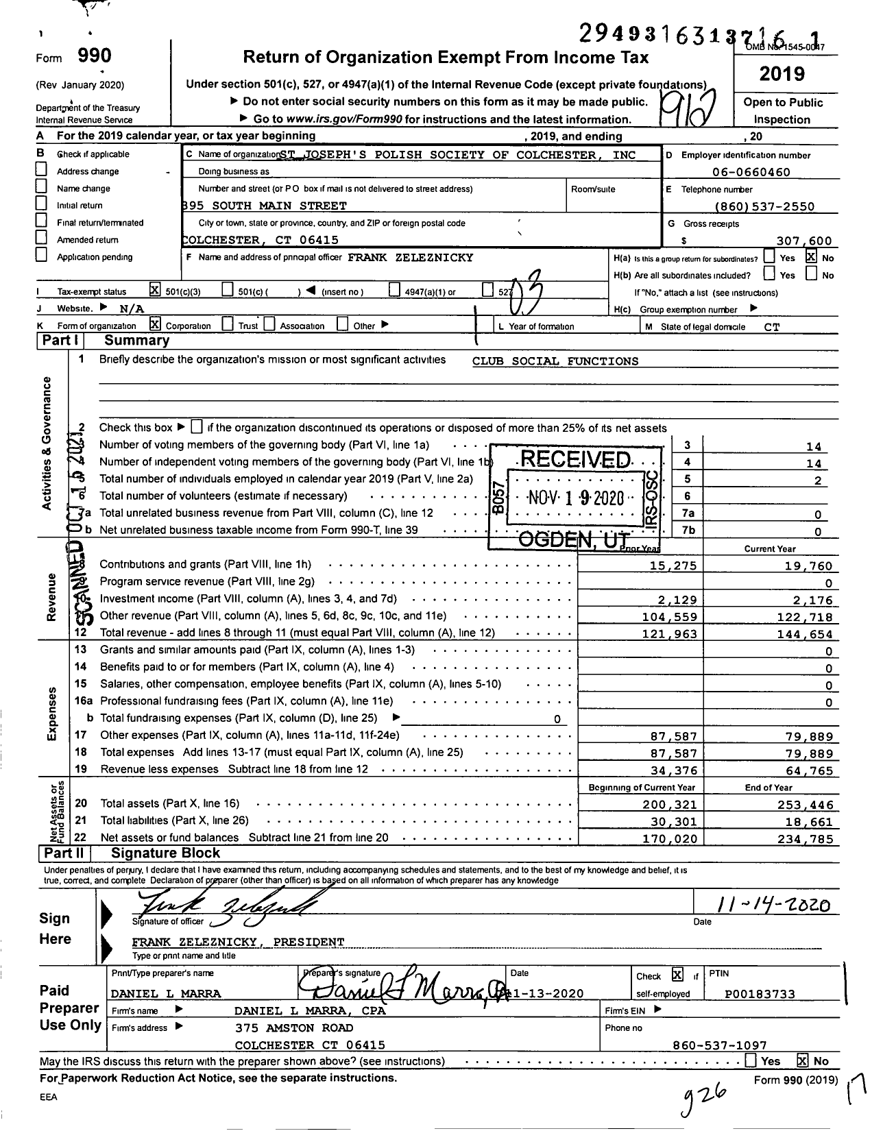 Image of first page of 2019 Form 990 for St Josephs Polish Society of Colchester Incorporated