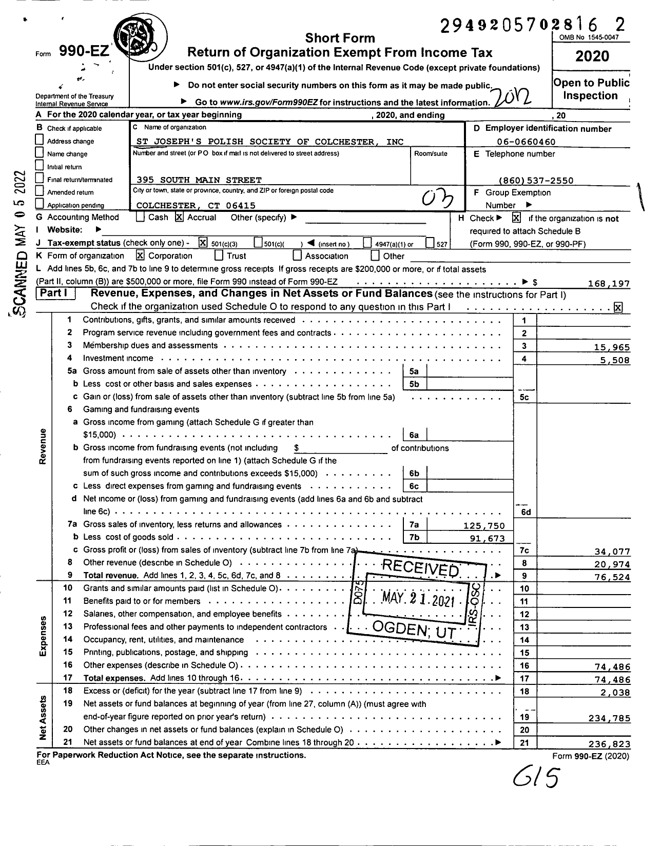 Image of first page of 2020 Form 990EZ for St Josephs Polish Society of Colchester Incorporated