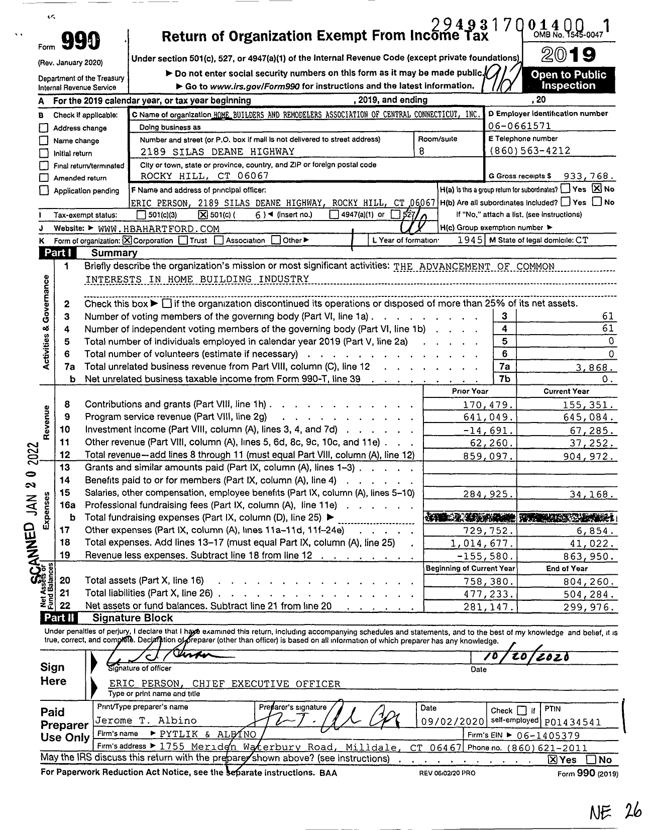 Image of first page of 2019 Form 990O for Home Builders and Remodelers Association Of Central Connecticut