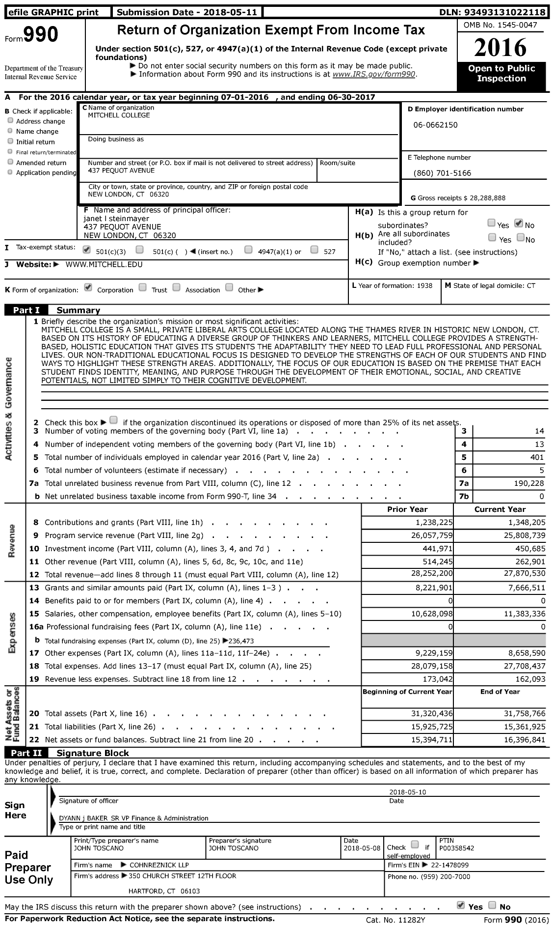 Image of first page of 2016 Form 990 for Mitchell College