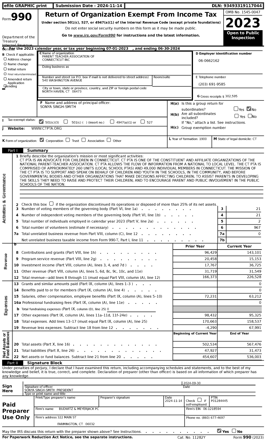 Image of first page of 2023 Form 990 for Parent Teacher Association of Connecticut