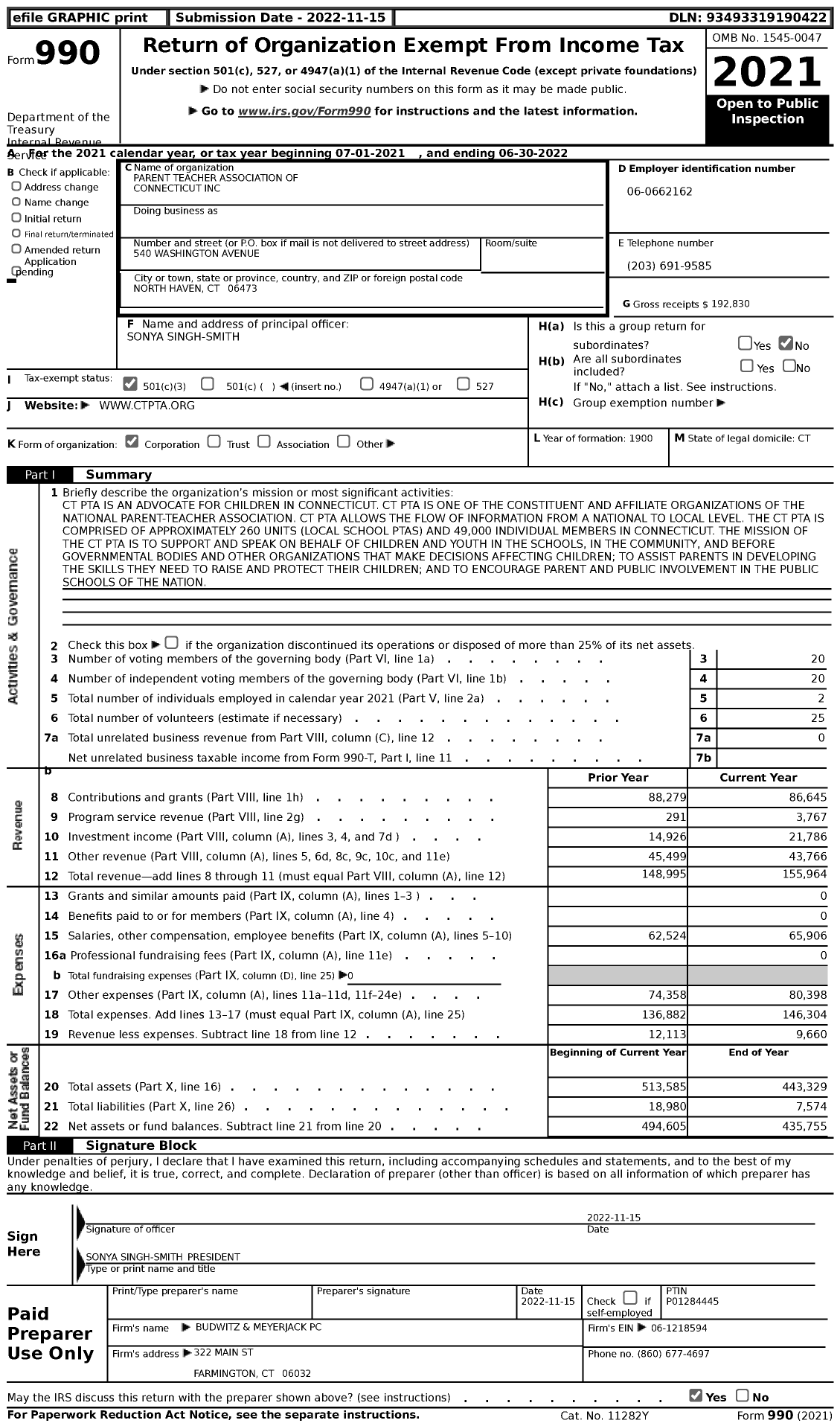 Image of first page of 2021 Form 990 for Parent Teacher Association of Connecticut