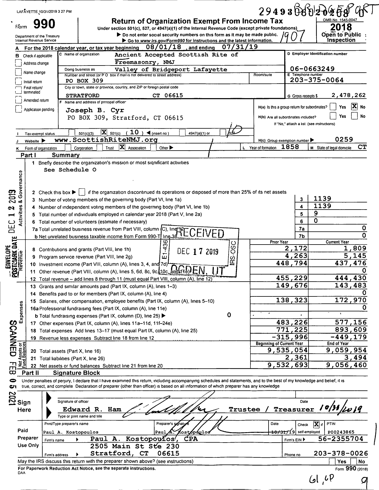 Image of first page of 2018 Form 990O for Scottish Rite, NMJ - Valley of Bridgeport Lafayette