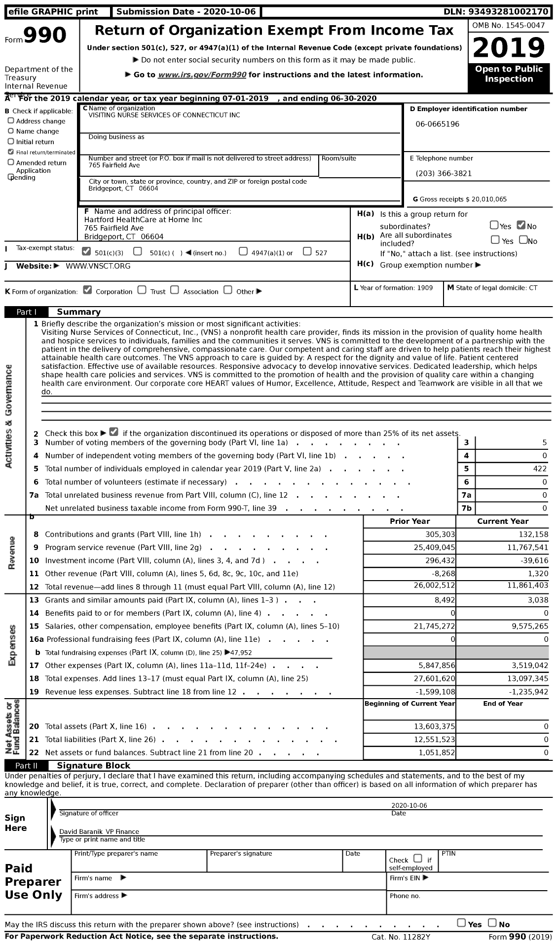 Image of first page of 2019 Form 990 for Visiting Nurse Services of Connecticut
