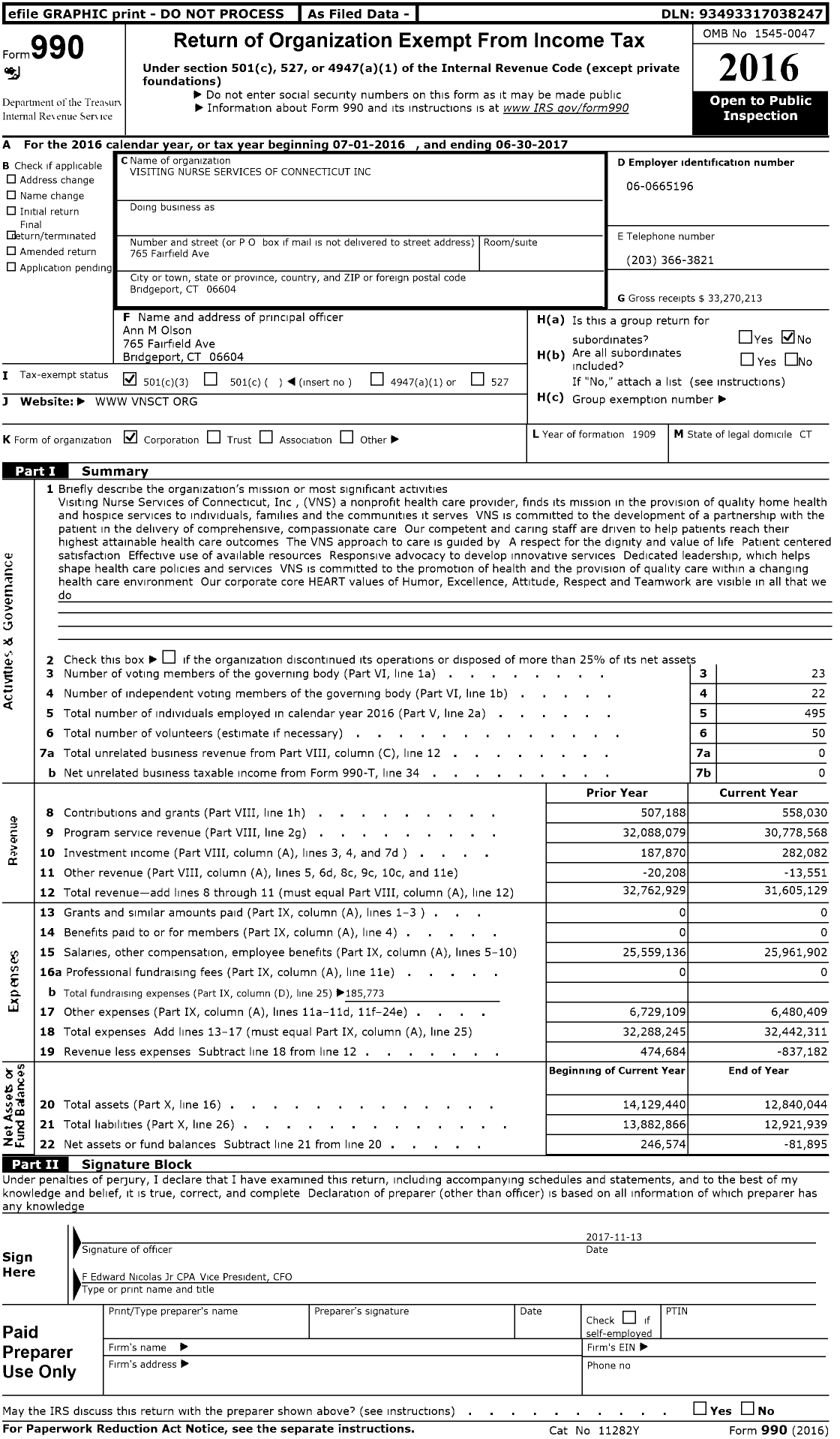 Image of first page of 2016 Form 990 for Visiting Nurse Services of Connecticut