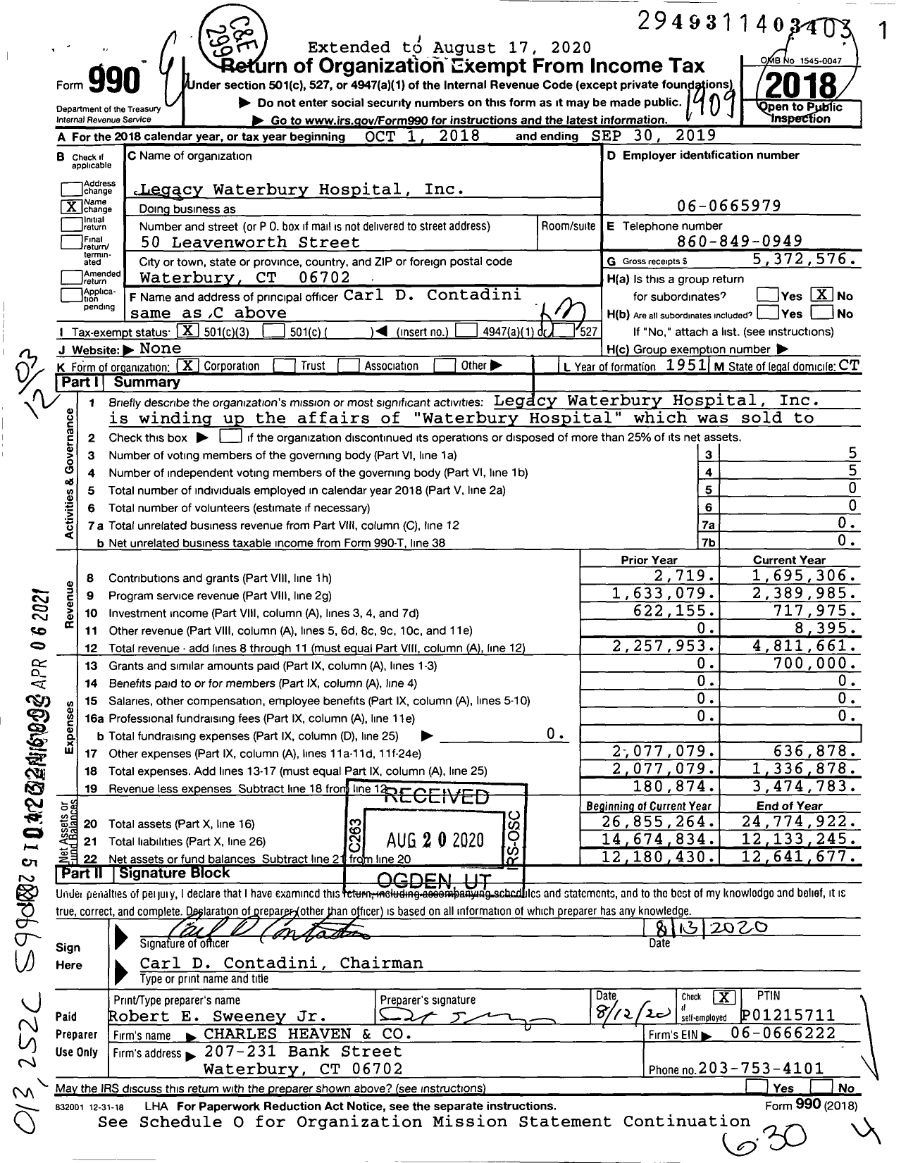 Image of first page of 2018 Form 990 for Legacy Waterbury Hospital