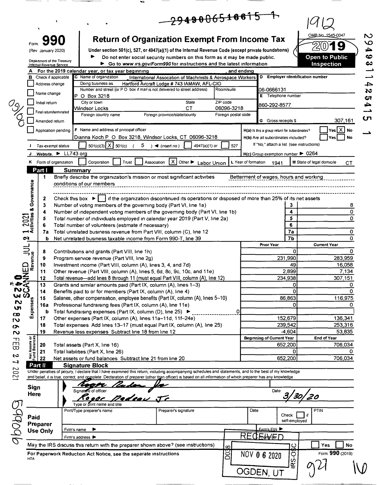 Image of first page of 2019 Form 990O for International Association of Machinists and Aerospace Workers - Local Lodge 743