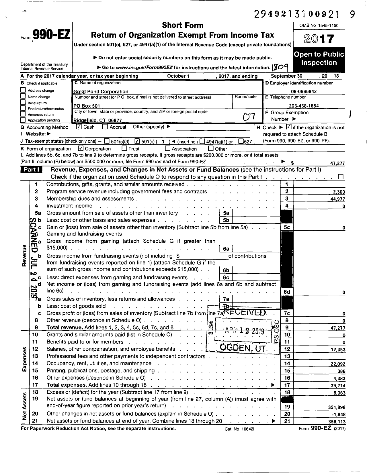 Image of first page of 2017 Form 990EO for Great Pond Corporation