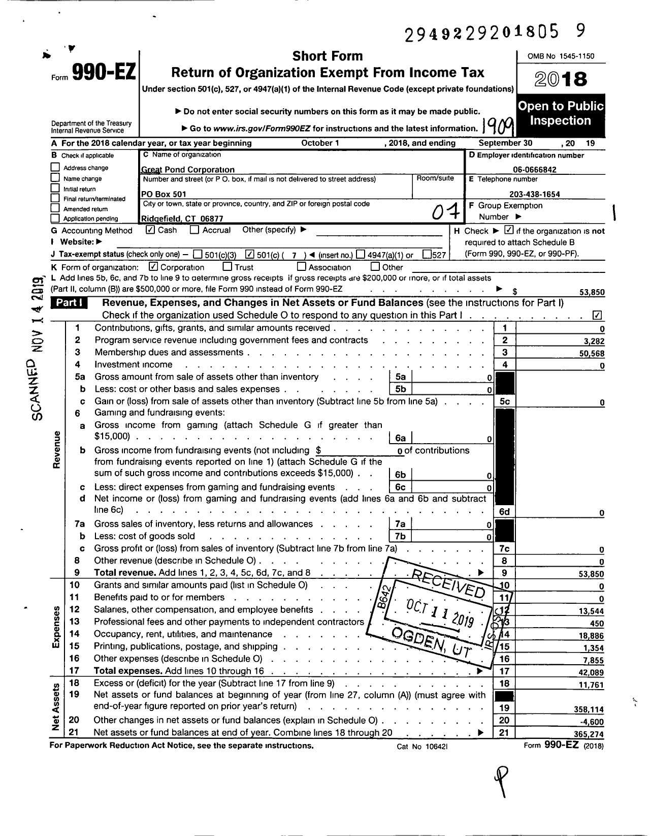 Image of first page of 2018 Form 990EO for Great Pond Corporation