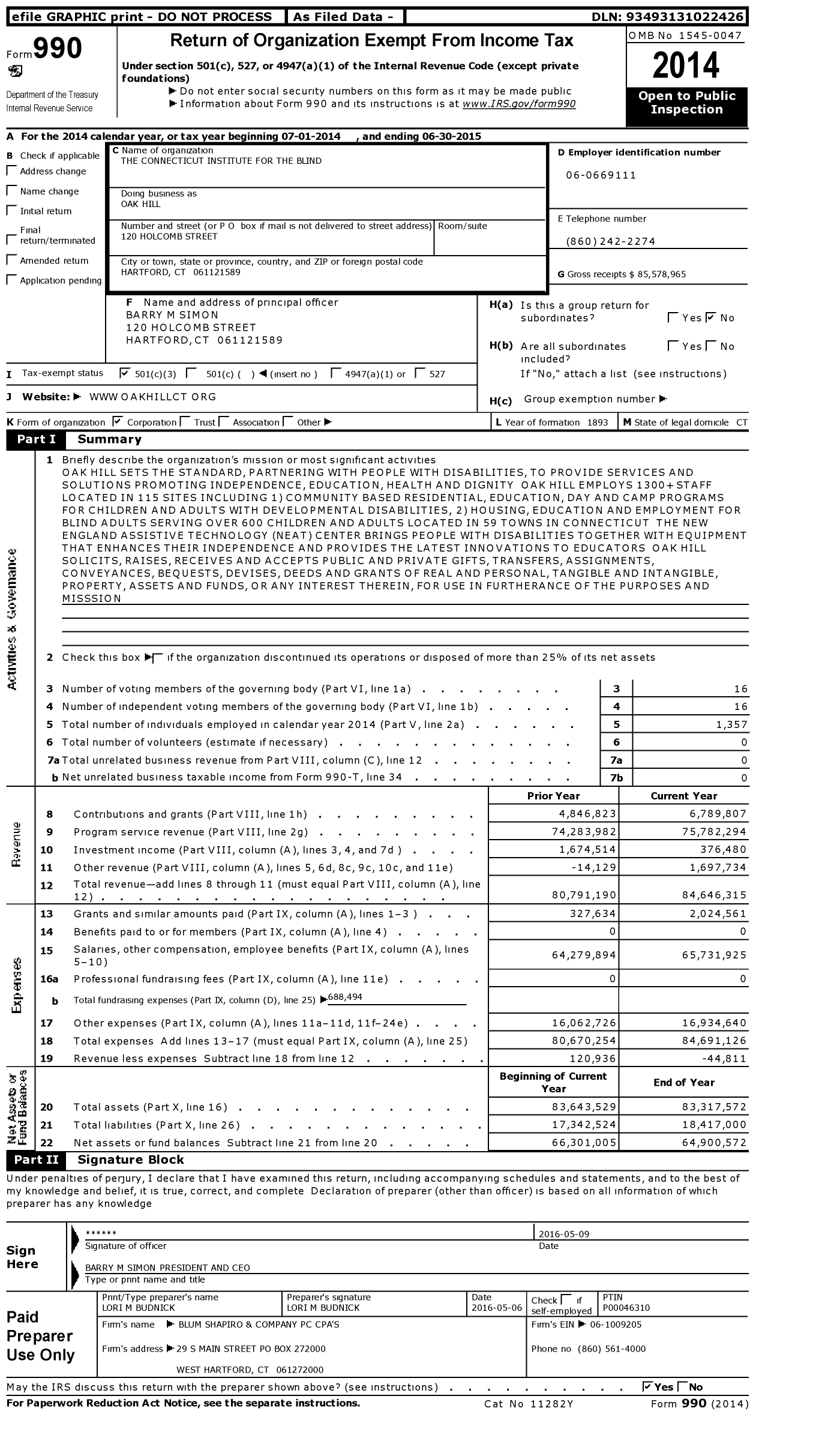 Image of first page of 2014 Form 990 for Oak Hill / The Connecticut Institute for the Blind Inc