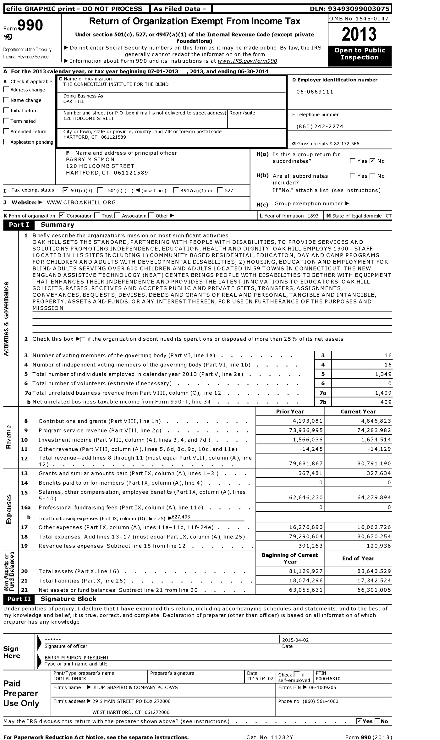 Image of first page of 2013 Form 990 for Oak Hill / The Connecticut Institute for the Blind Inc