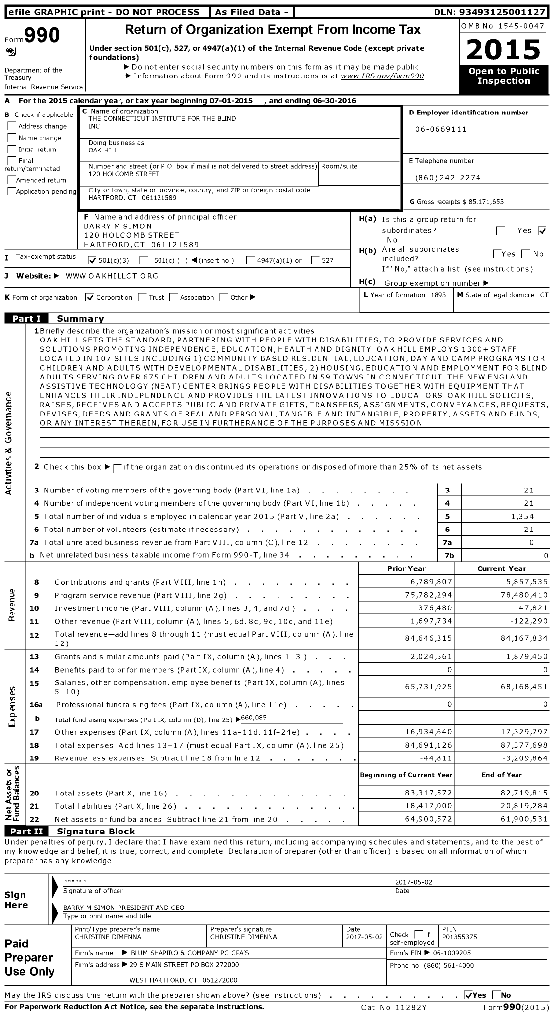 Image of first page of 2015 Form 990 for Oak Hill / The Connecticut Institute for the Blind Inc