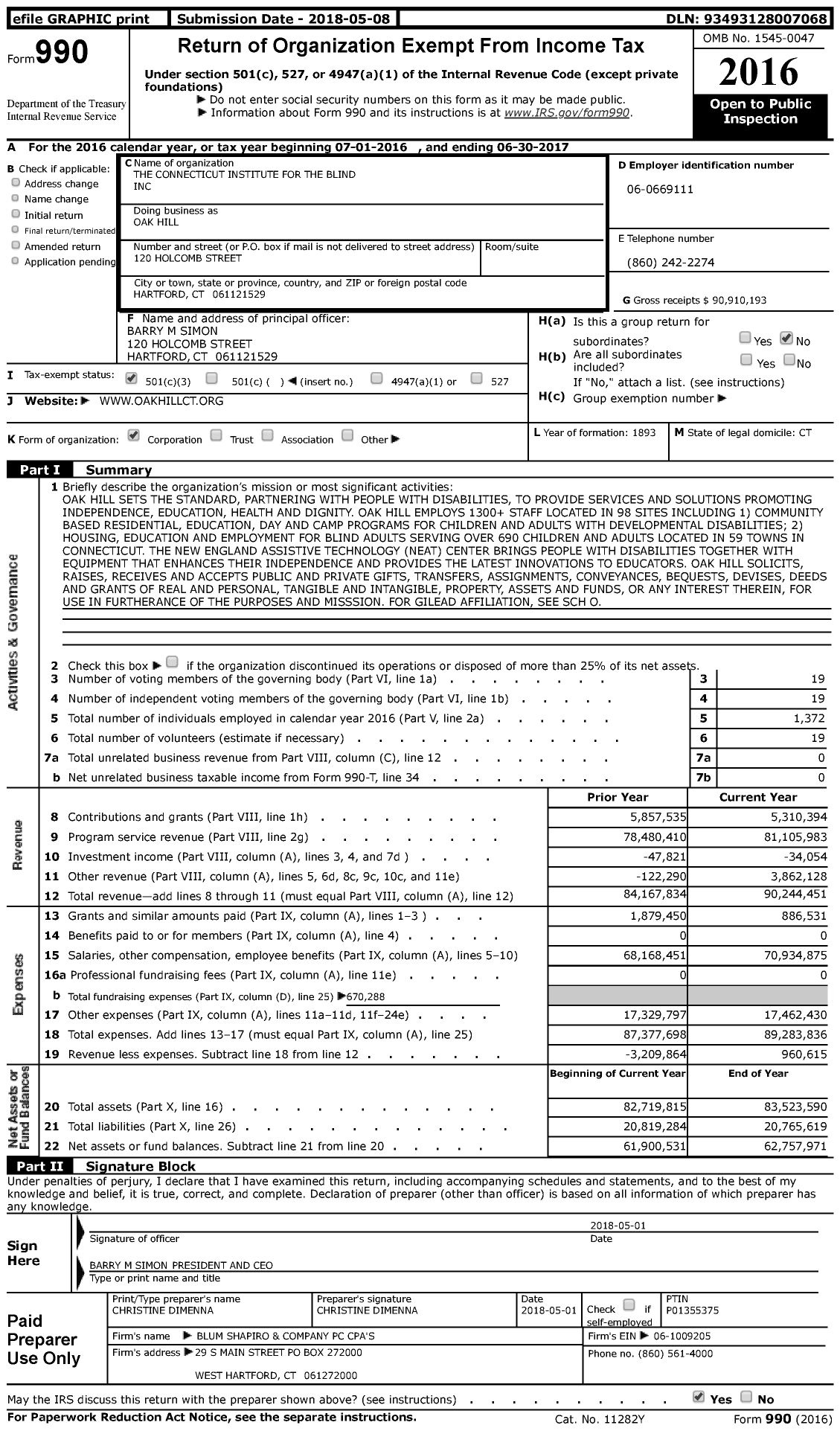 Image of first page of 2016 Form 990 for Oak Hill / The Connecticut Institute for the Blind Inc