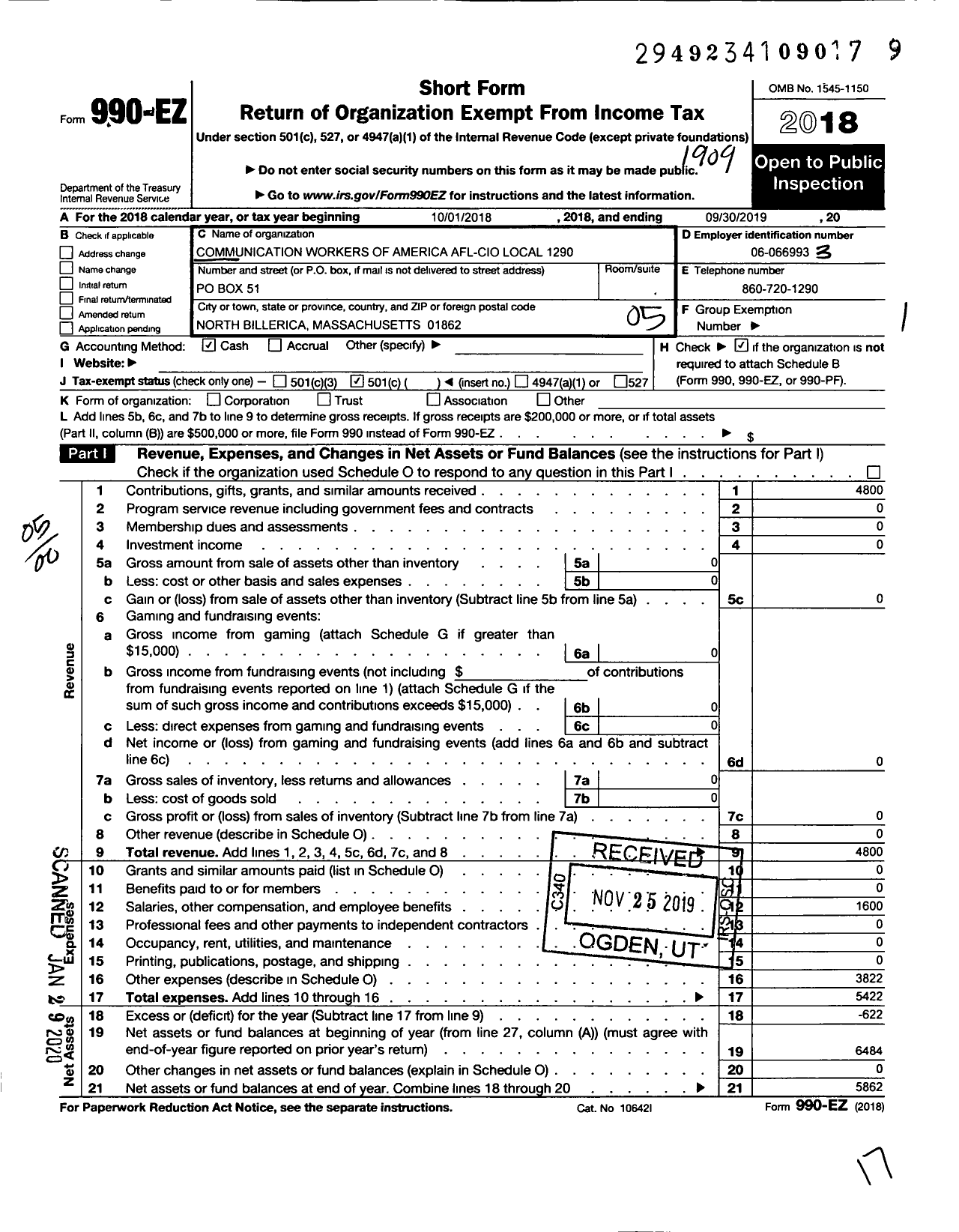 Image of first page of 2018 Form 990EO for Communications Workers of America - 1290 Cwa