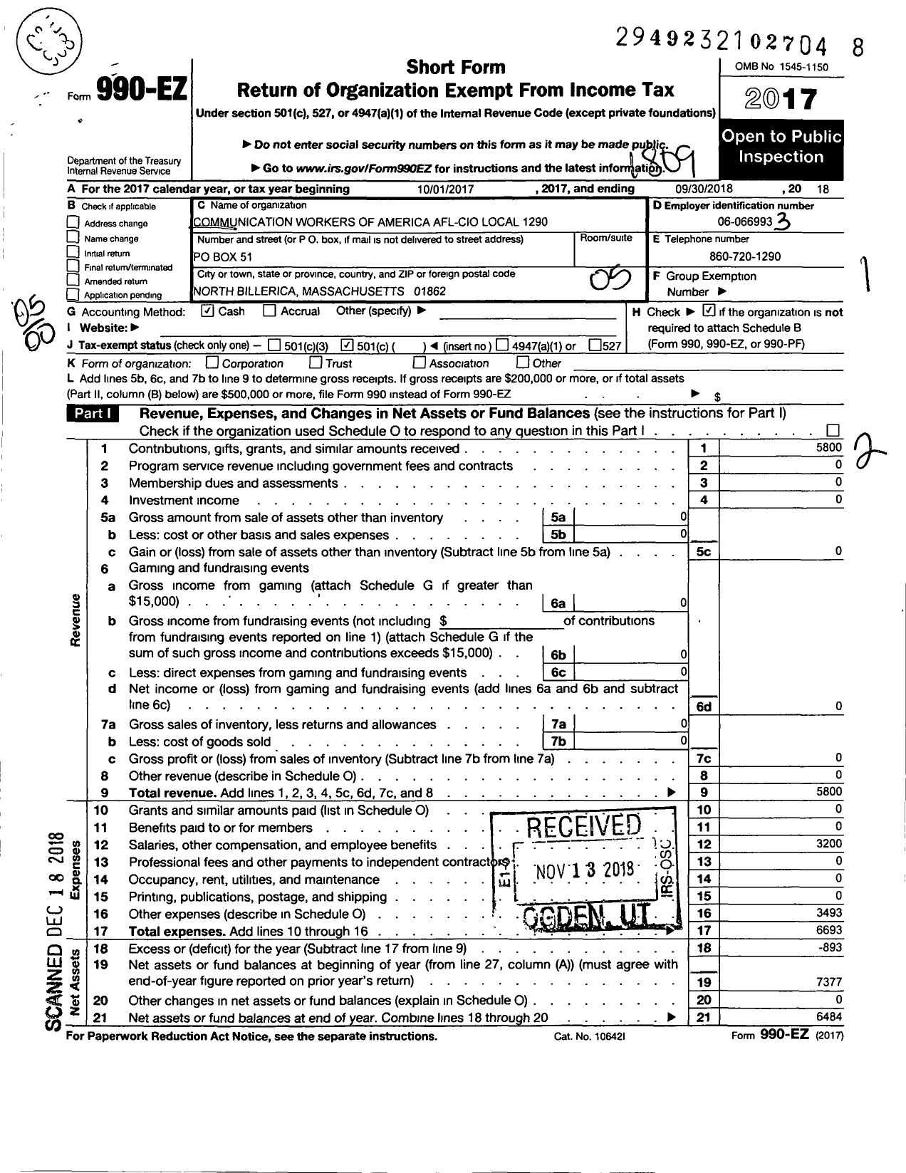 Image of first page of 2017 Form 990EO for Communications Workers of America - 1290 Cwa