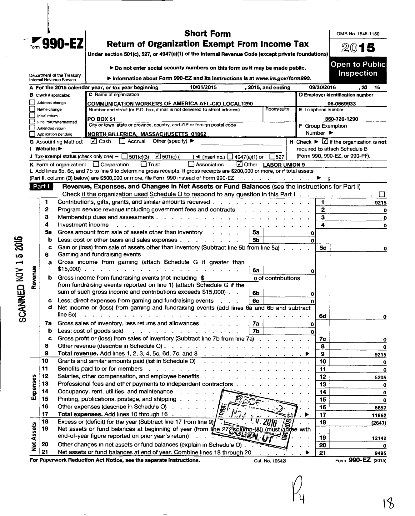 Image of first page of 2015 Form 990EO for Communications Workers of America - 1290 Cwa