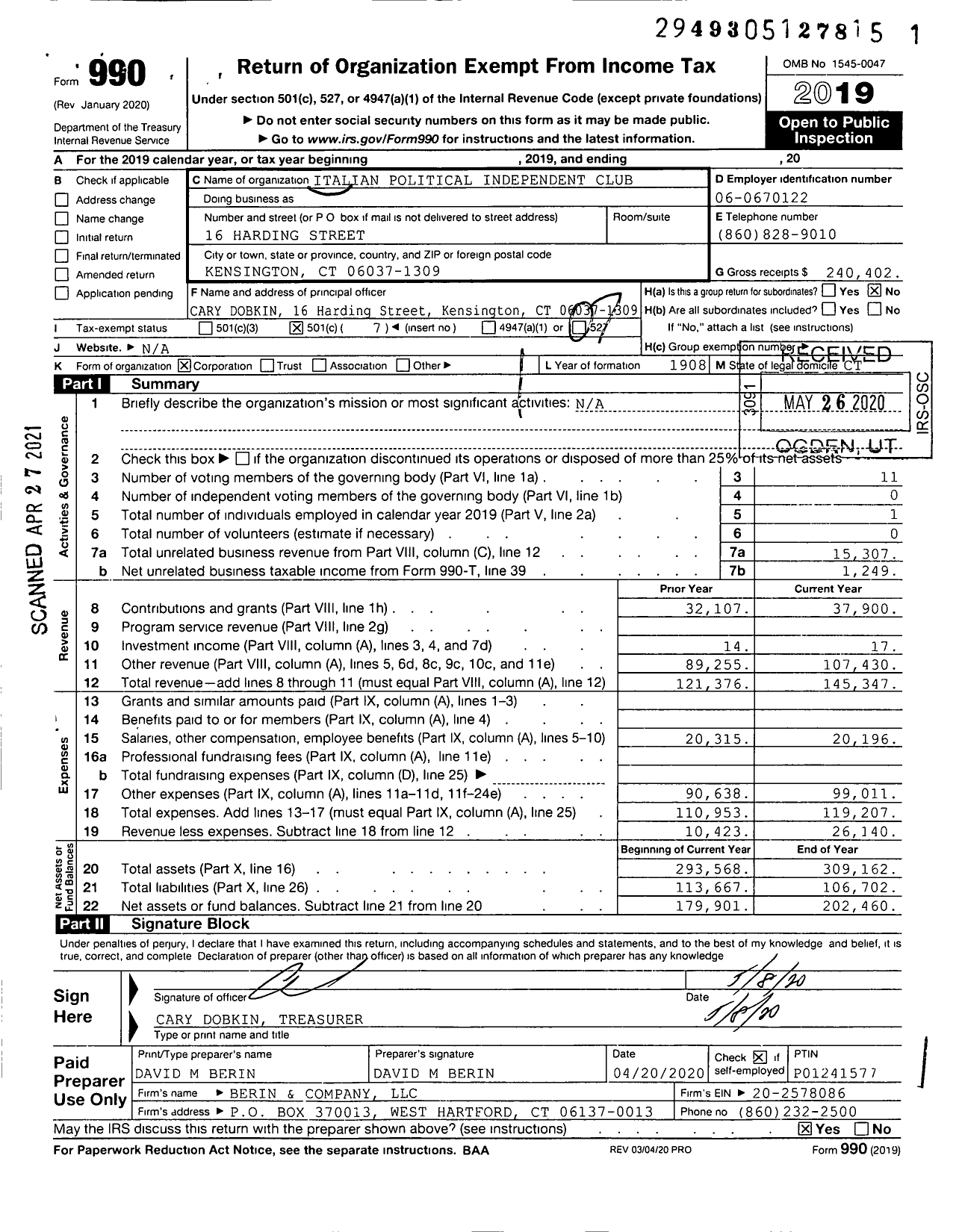 Image of first page of 2019 Form 990O for Italian Political Independent Club