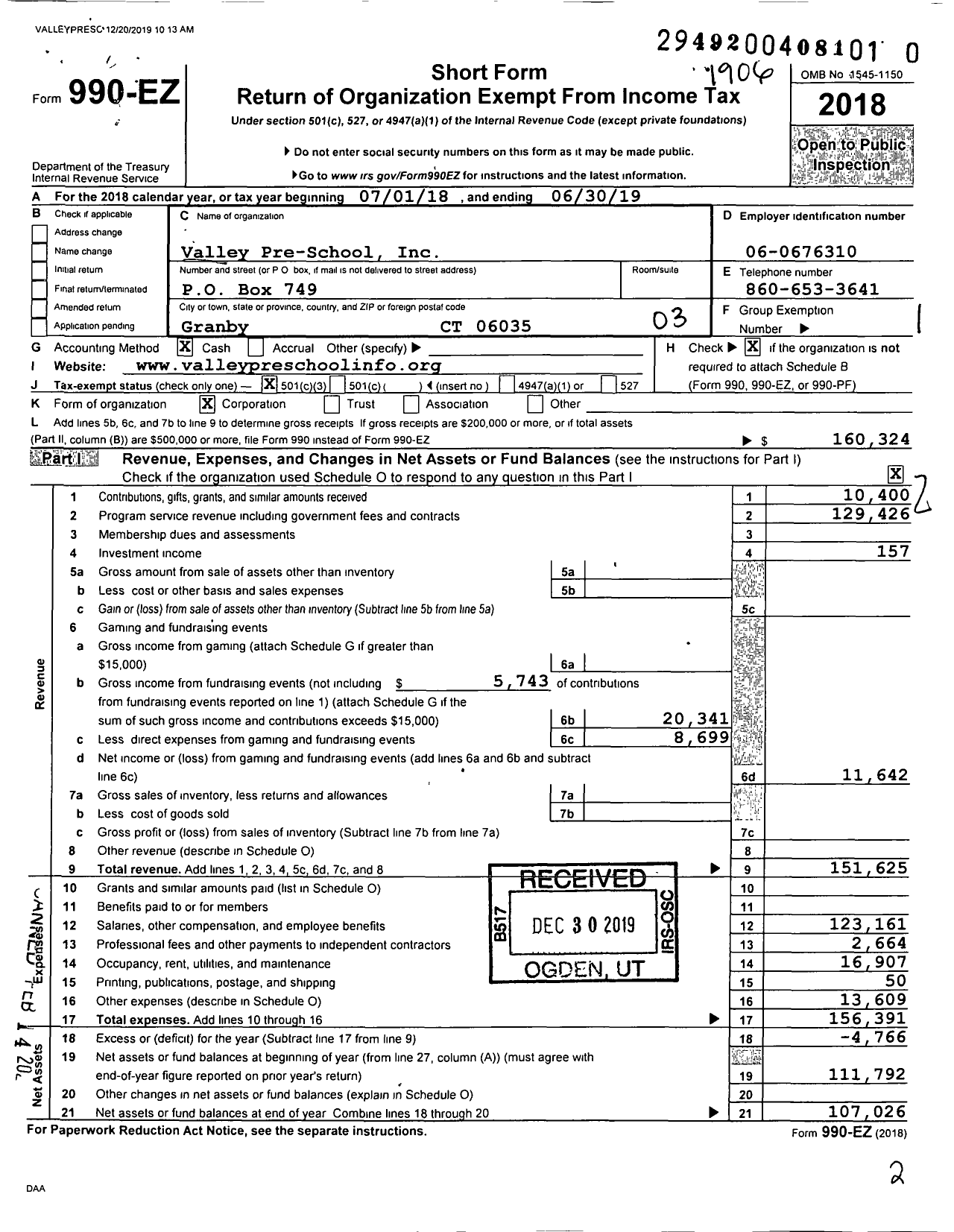 Image of first page of 2018 Form 990EZ for Valley Pre-School