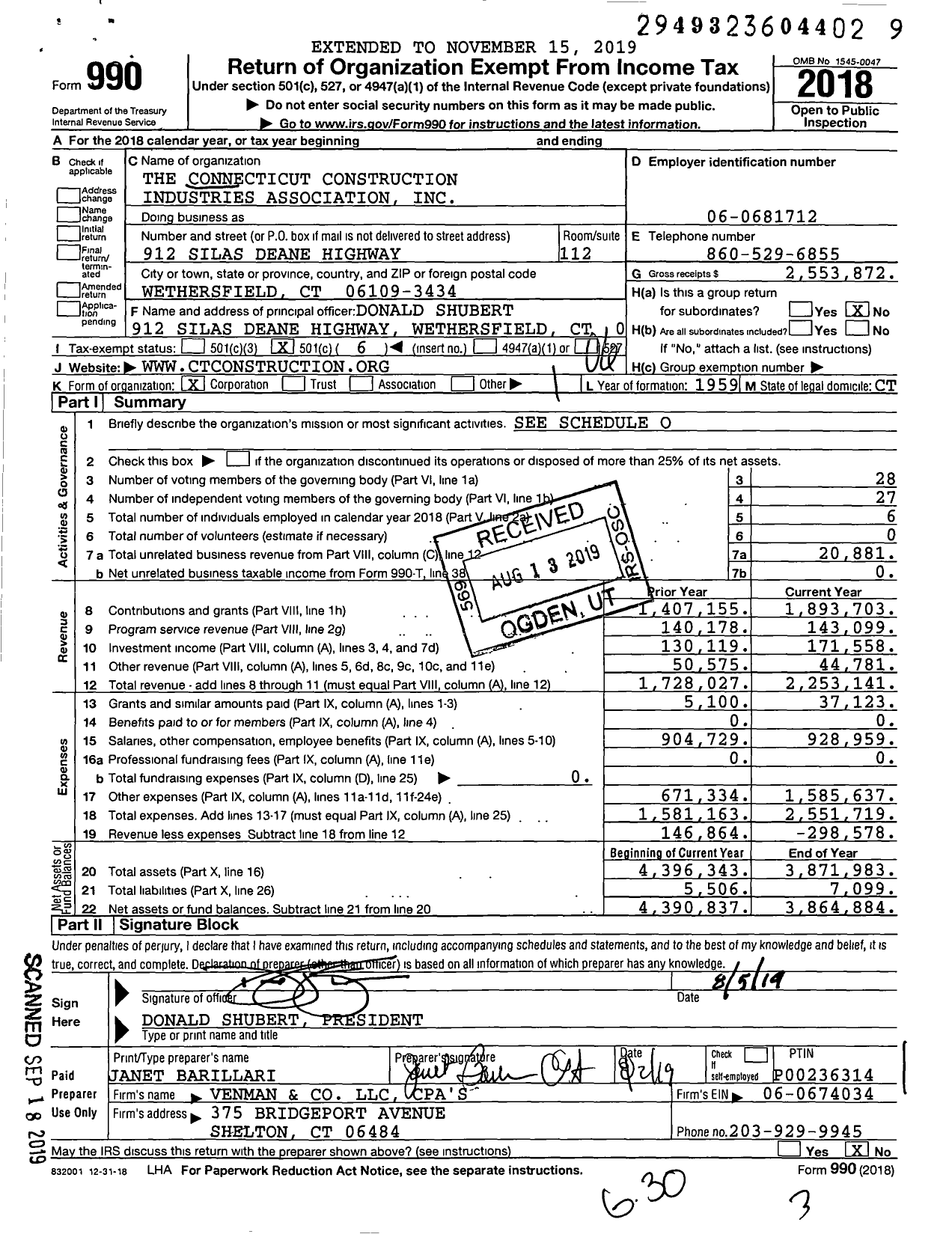 Image of first page of 2018 Form 990O for The Connecticut Construction Industries Association