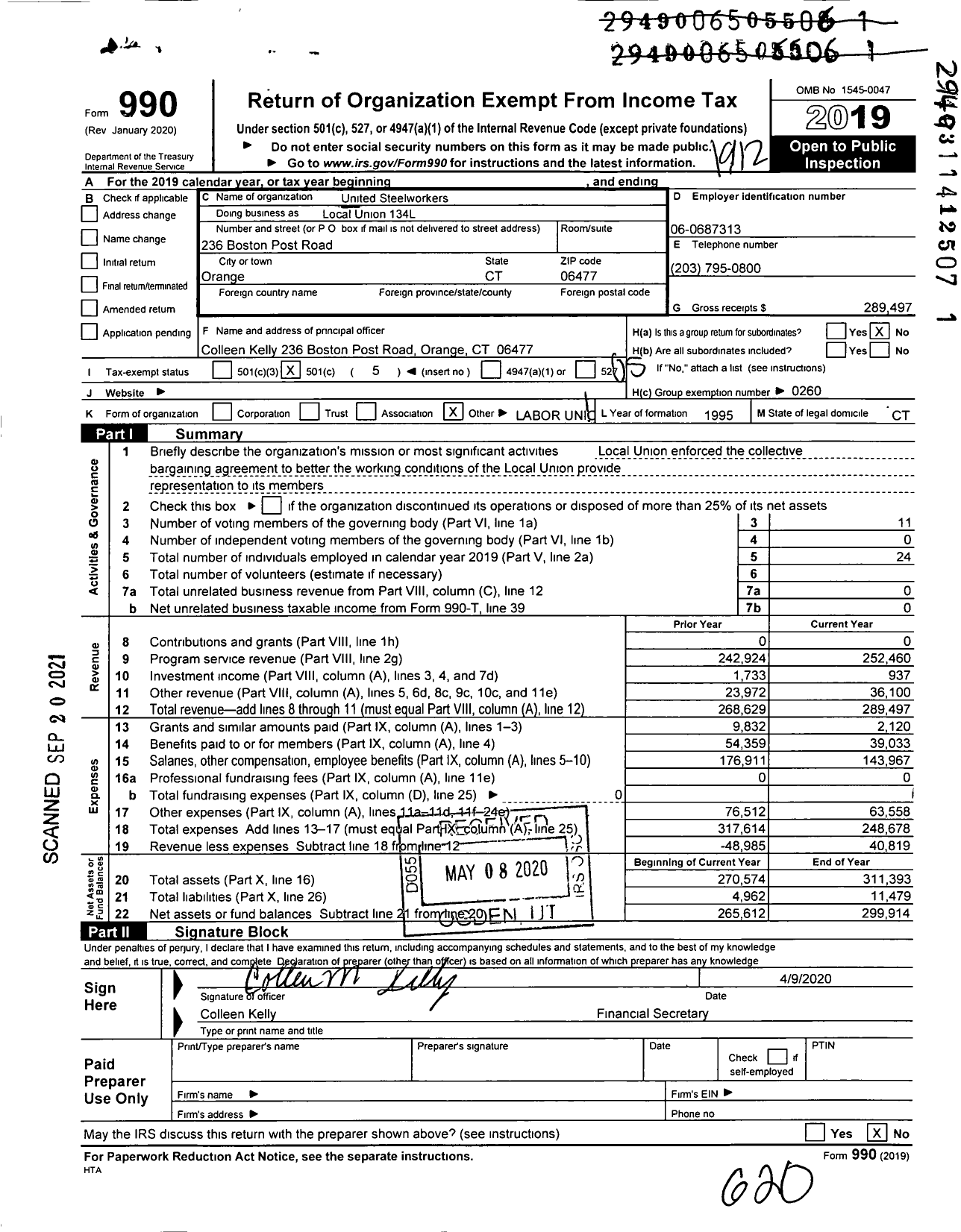 Image of first page of 2019 Form 990O for United Steelworkers - Local Union 134L