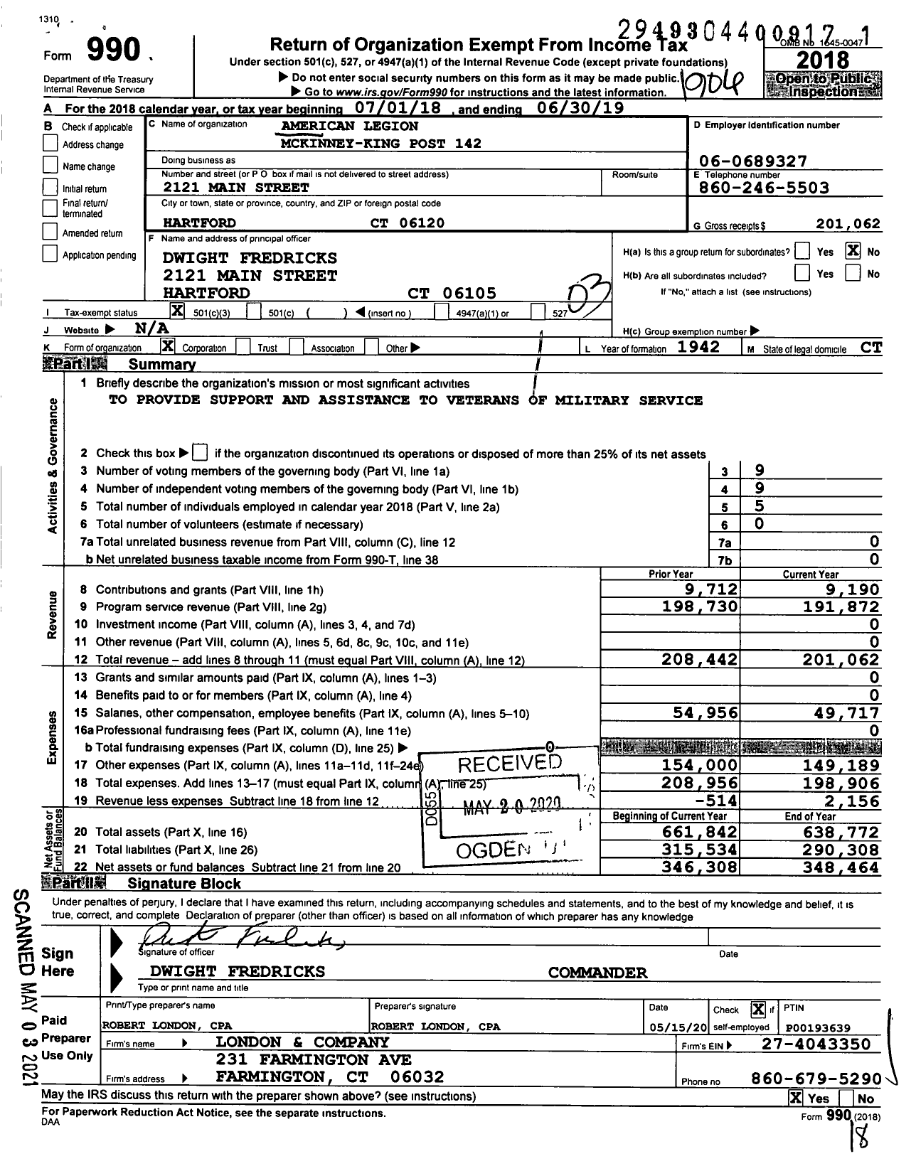 Image of first page of 2018 Form 990 for American Legion - 142 MC Kinney-King Post