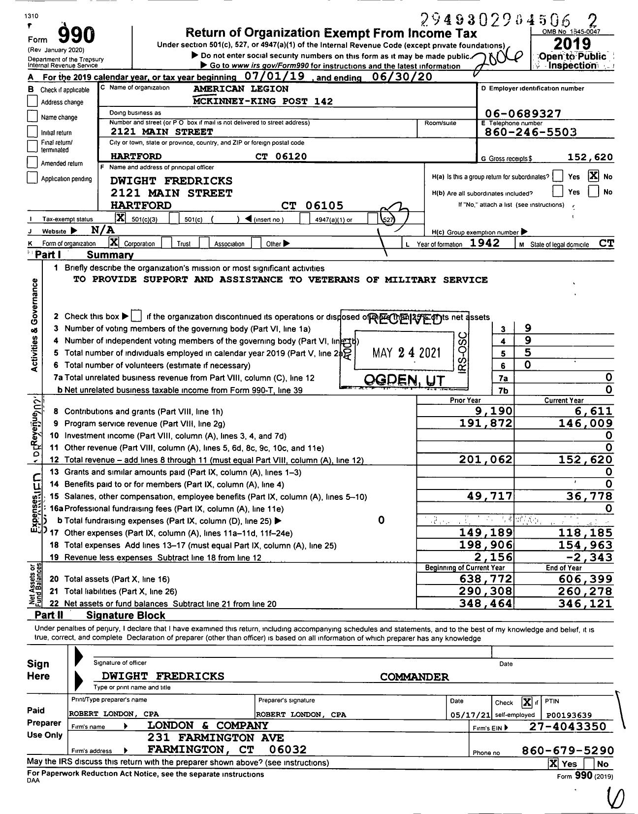 Image of first page of 2019 Form 990 for American Legion - 142 MC Kinney-King Post