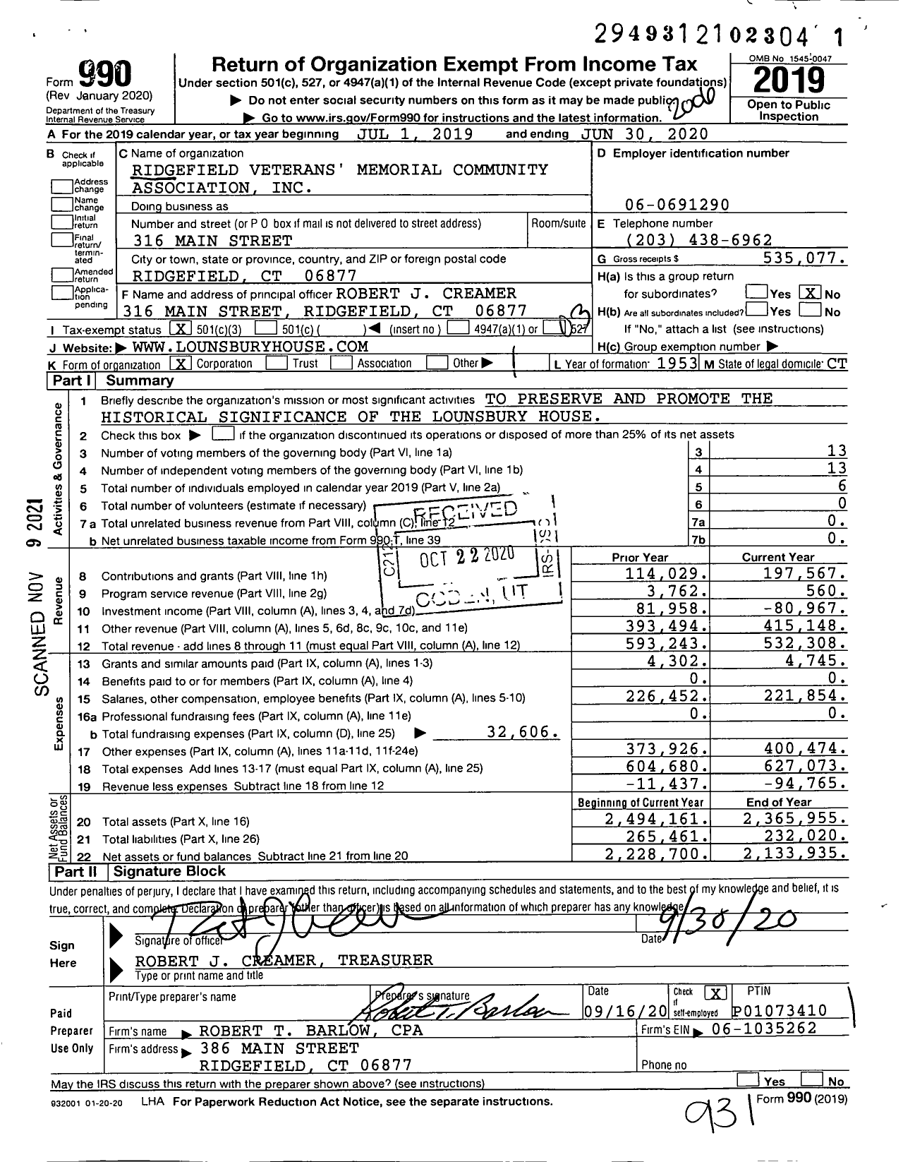 Image of first page of 2019 Form 990 for Ridgefield Veterans' Memorial Community Association