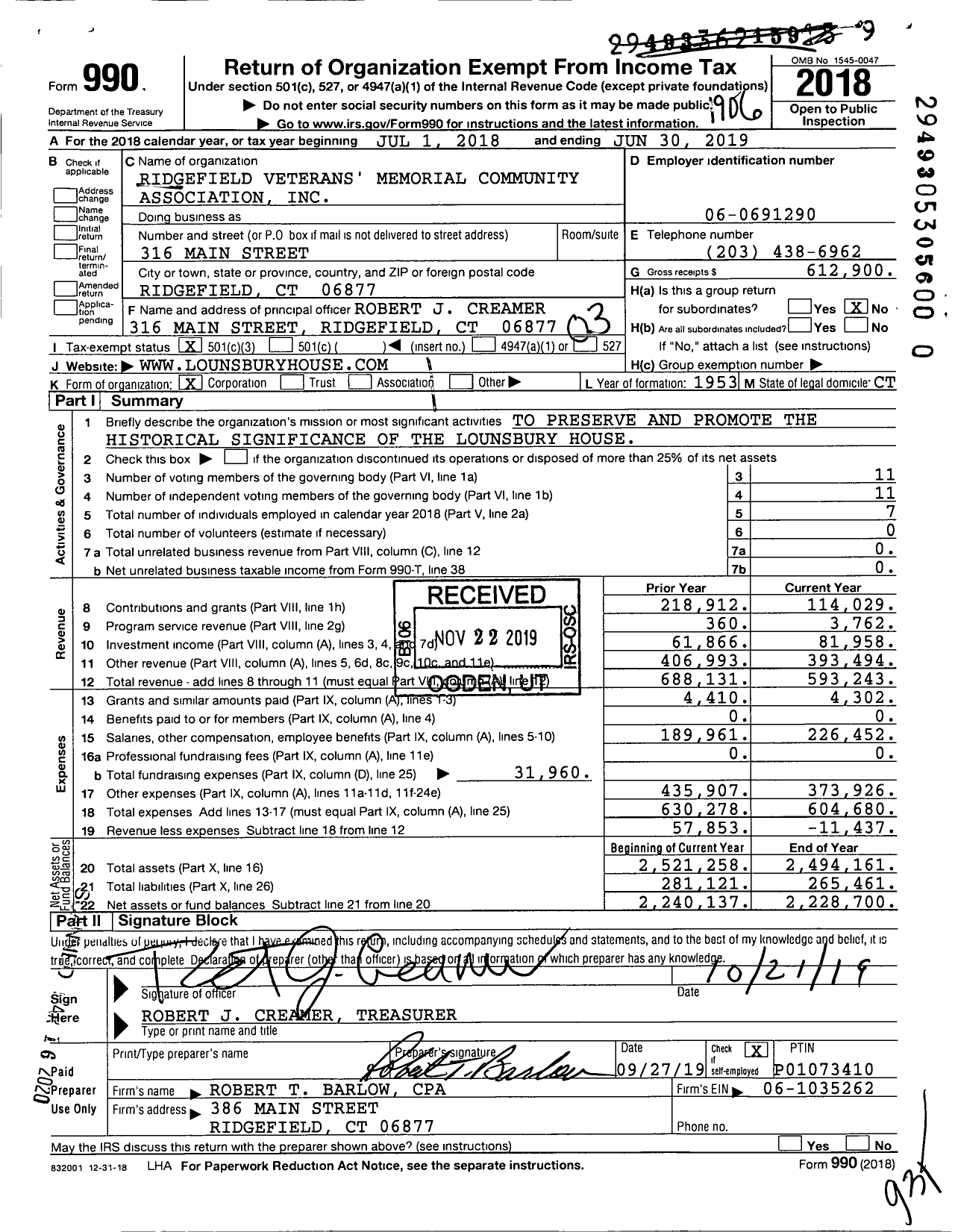 Image of first page of 2018 Form 990 for Ridgefield Veterans' Memorial Community Association