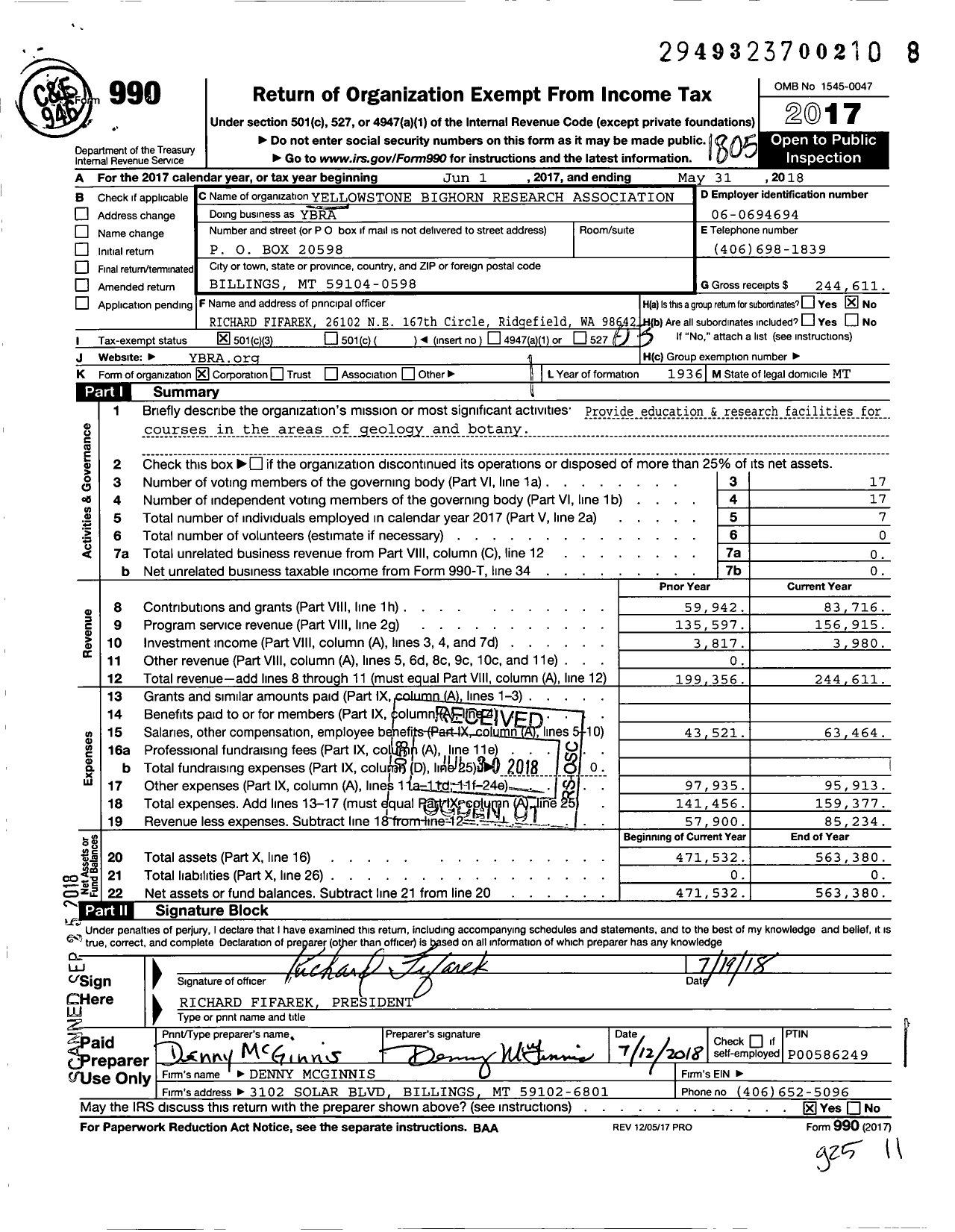 Image of first page of 2017 Form 990 for Yellowstone Bighorn Research Association (YBRA)