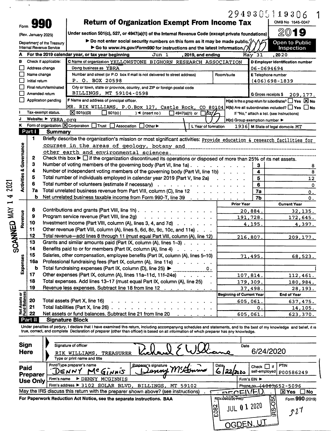 Image of first page of 2019 Form 990 for Yellowstone Bighorn Research Association (YBRA)