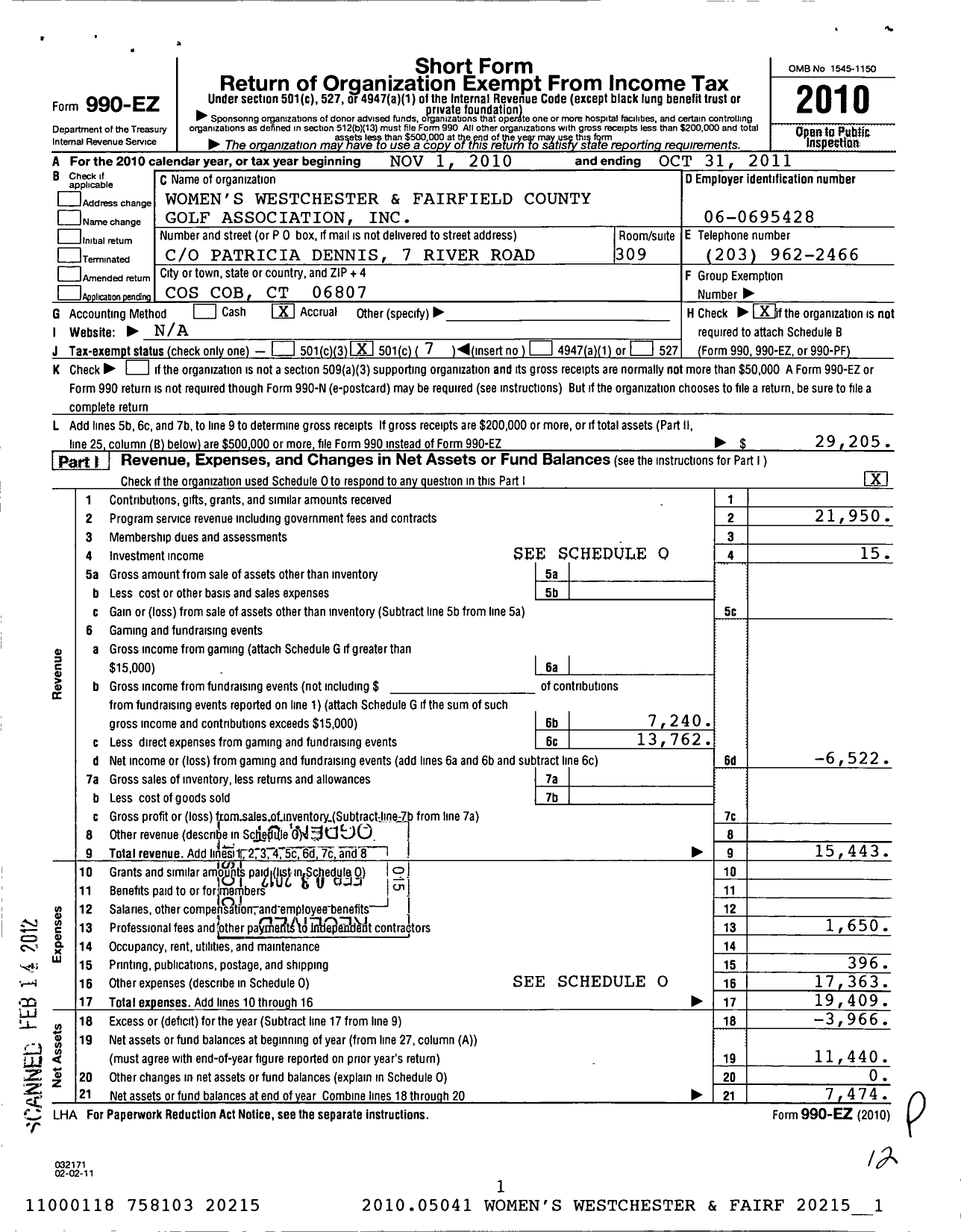 Image of first page of 2010 Form 990EO for Womens Westchester and Fairfield County Golf Association