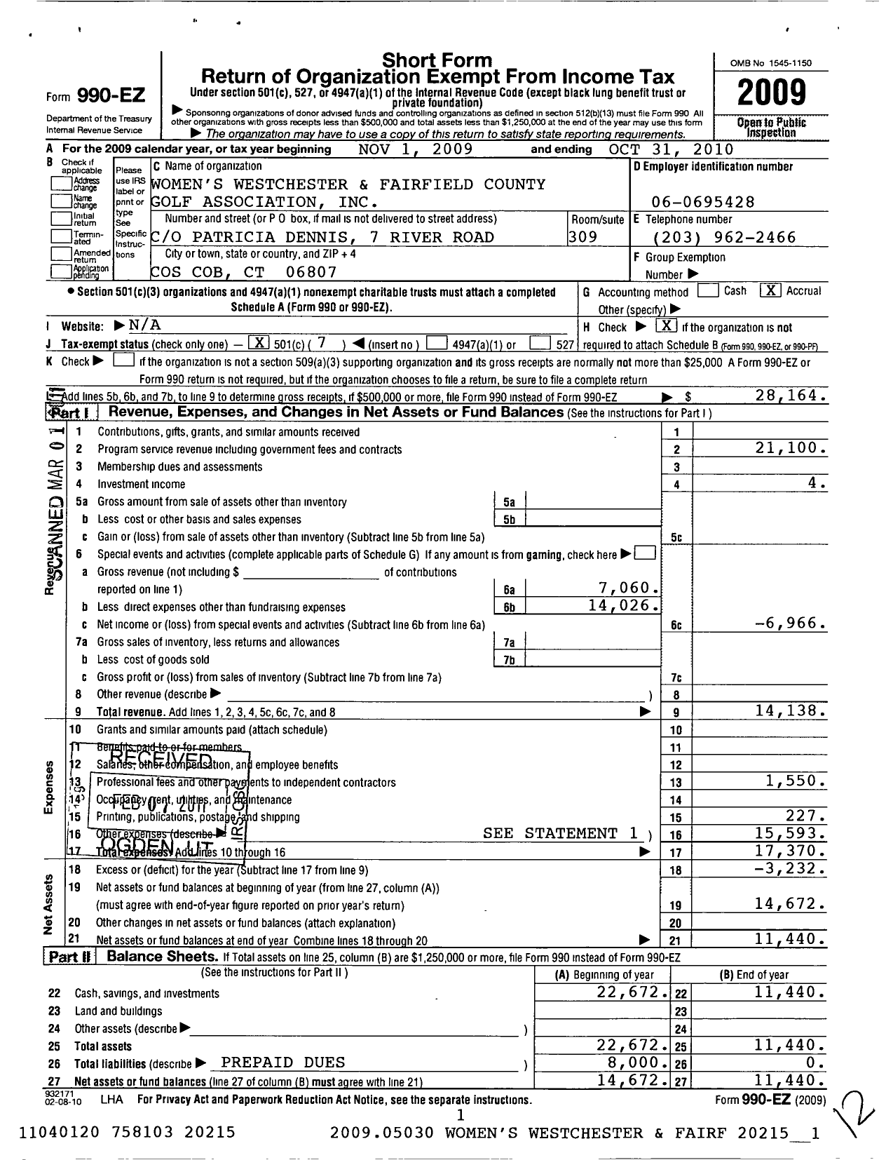 Image of first page of 2009 Form 990EO for Womens Westchester and Fairfield County Golf Association