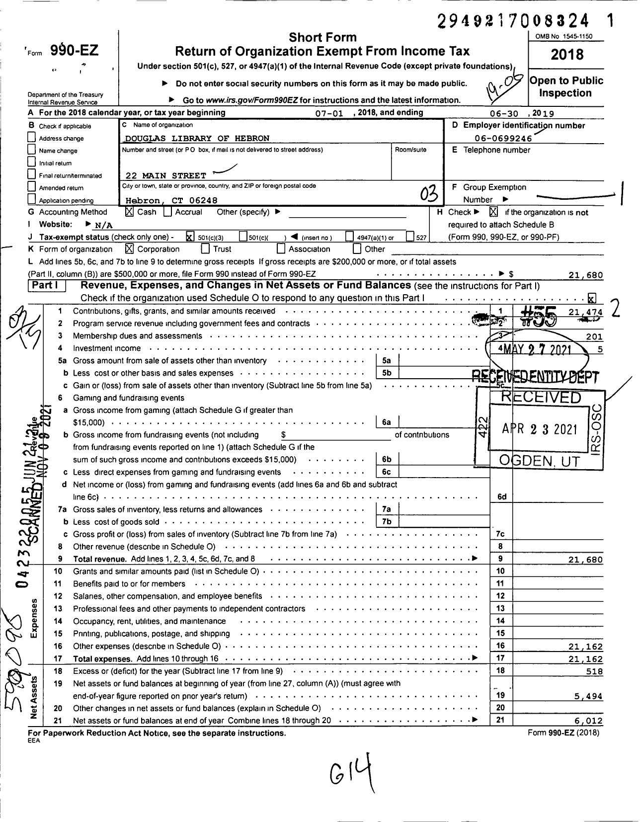 Image of first page of 2018 Form 990EZ for Douglas Library of Hebron