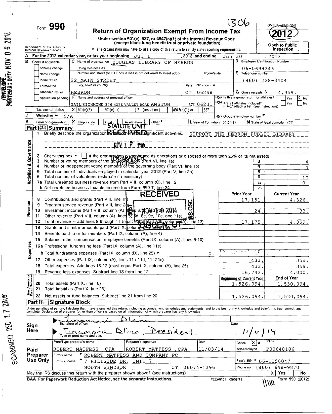 Image of first page of 2012 Form 990 for Douglas Library of Hebron